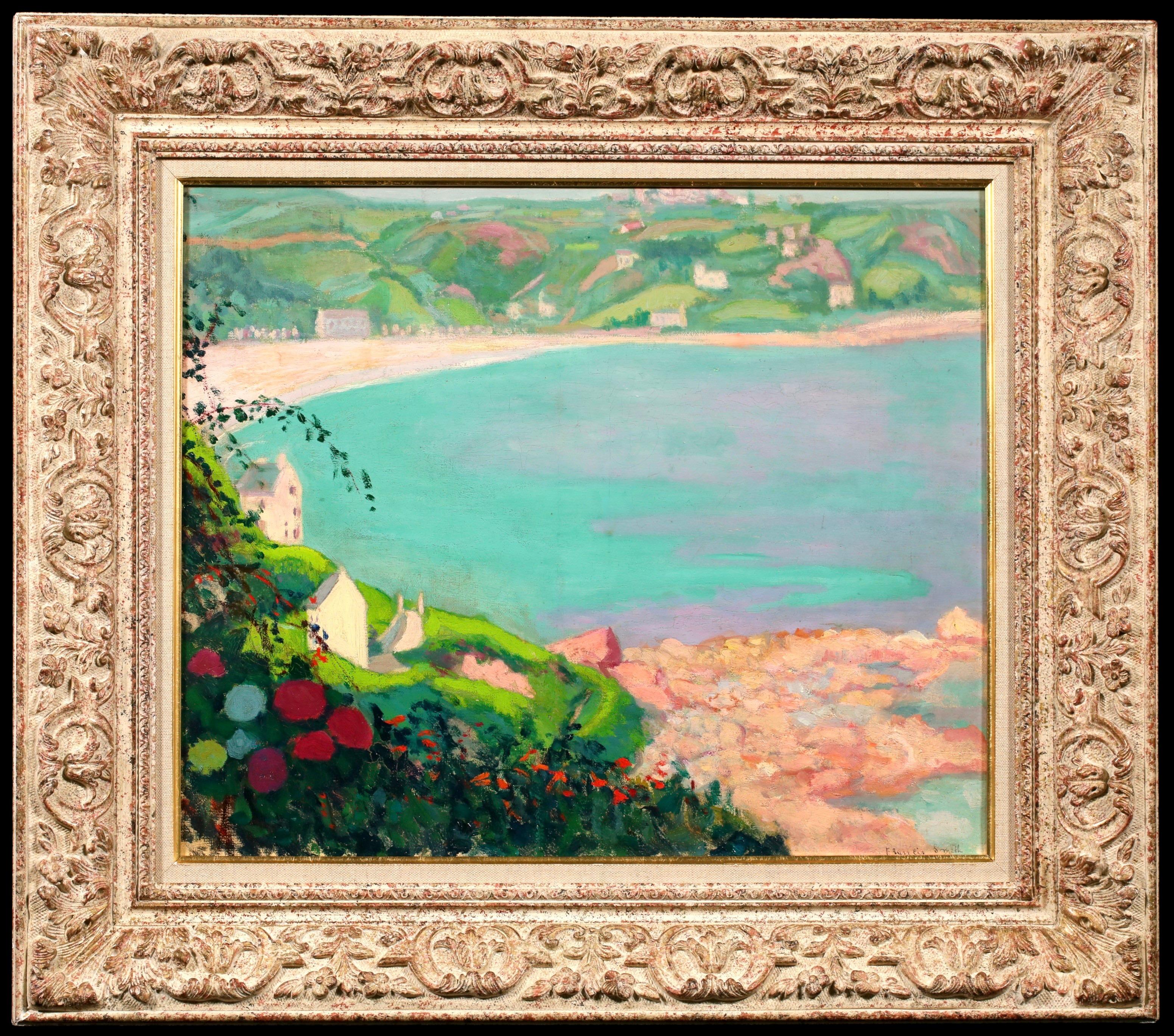 Signed oil on canvas landscapecirca 1917 by Portuguese post impressionist painter Francis Smith. The work depicts a view of  bay in Portugal from the hillside - the crystal blue water of the sea below meets the golden shore.

Dimensions:
Framed: