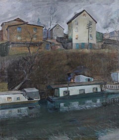 Canal Scene in Manayunk, Philadelphia, PA Cityscape with Barge and Houses