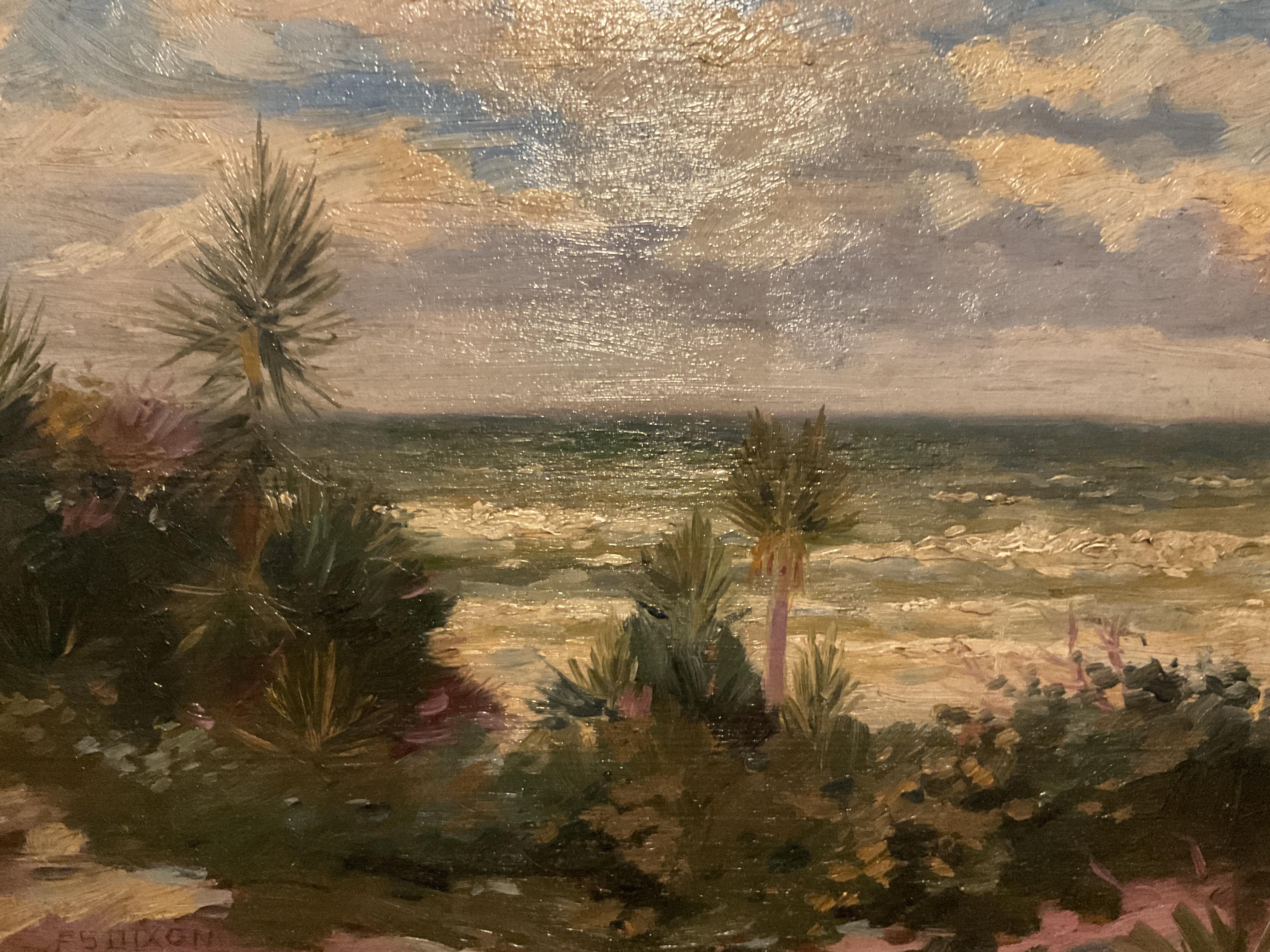 Charming Tropical Beach Ölgemälde von aufgeführten Künstler Francis D. Dixon ca 1920's – Painting von Francis Stillwell Dixon