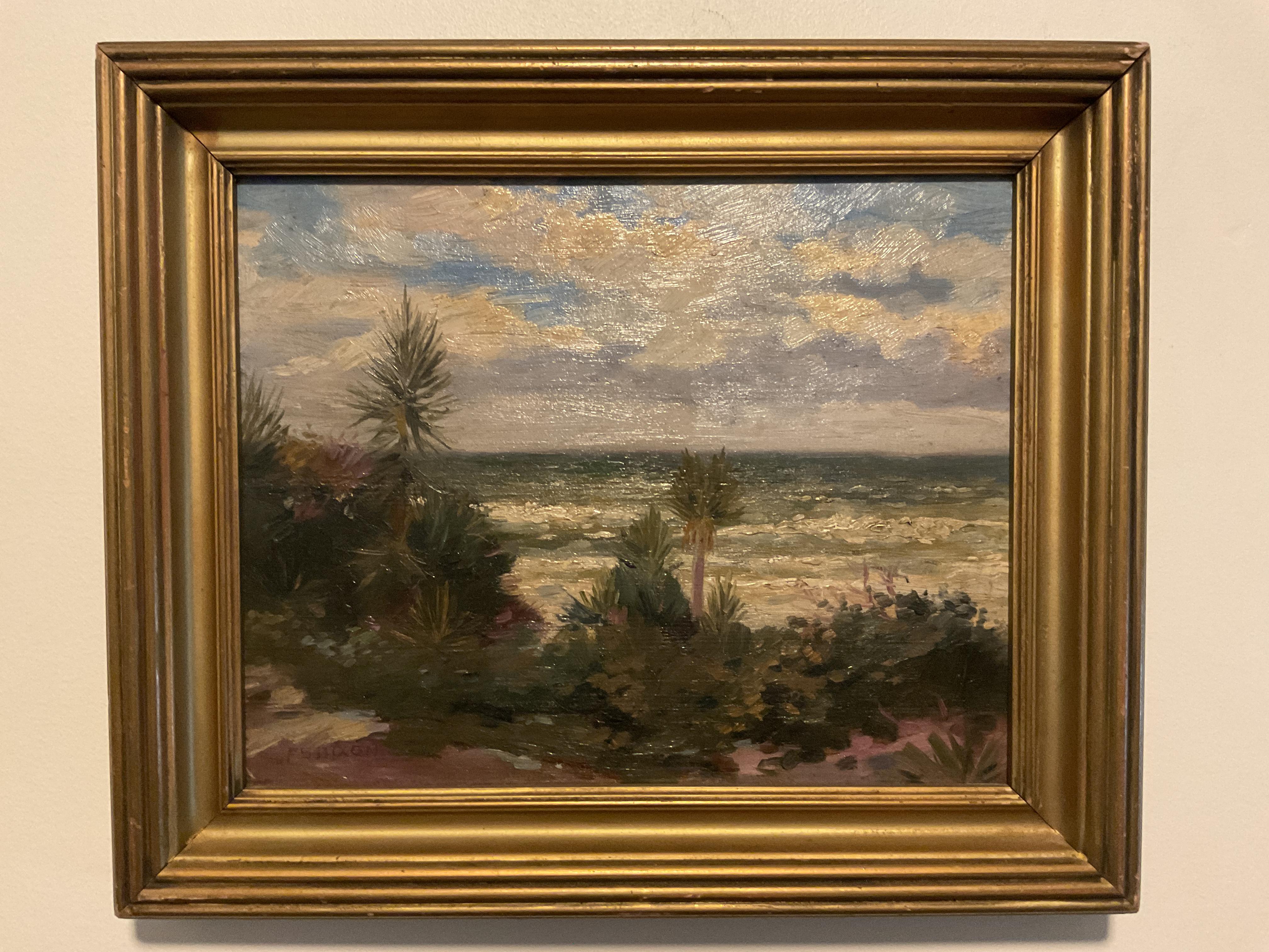 Francis Stillwell Dixon Landscape Painting - Charming Tropical Beach Oil Painting by listed artist Francis D. Dixon ca 1920’s