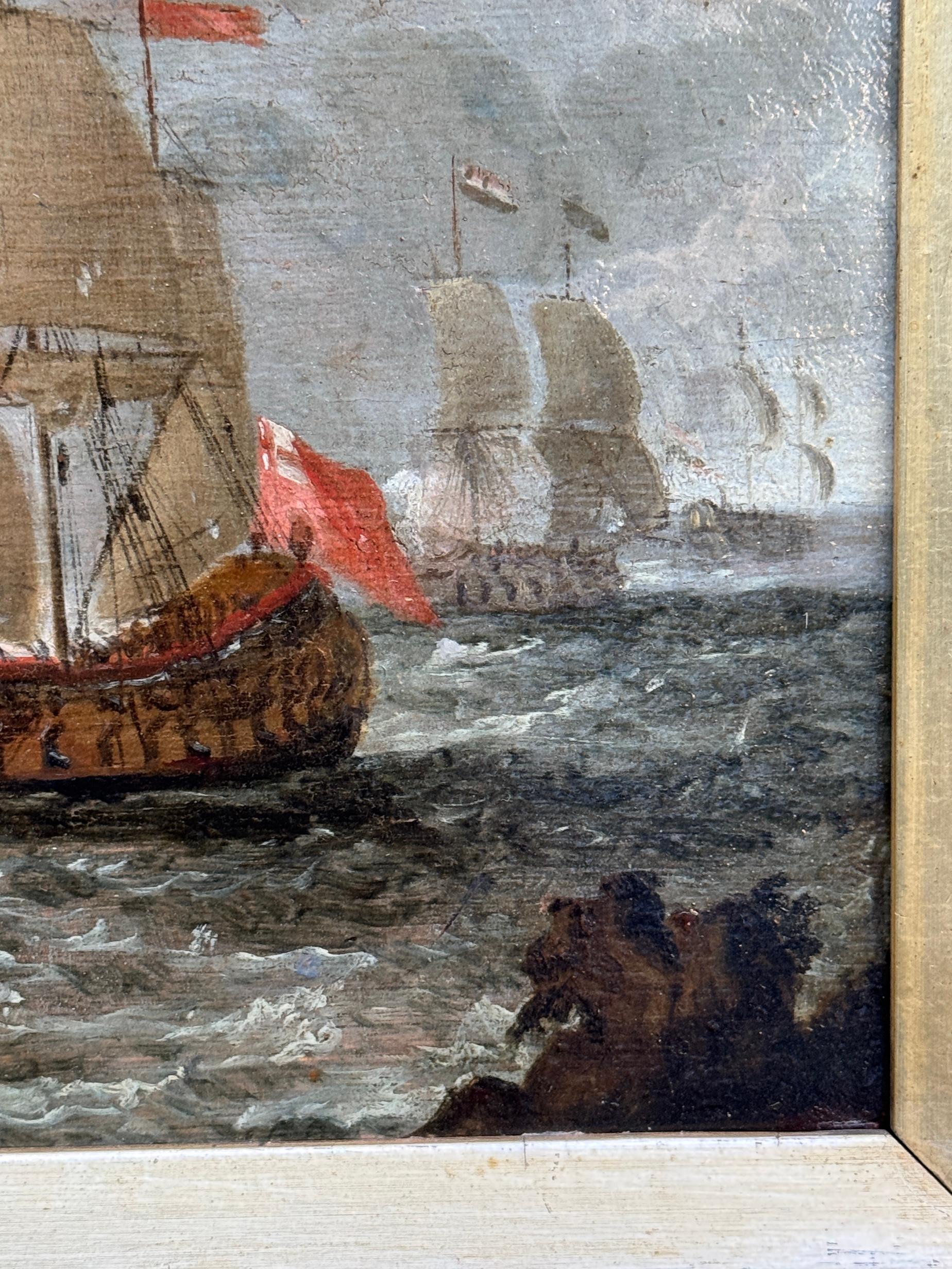 Marina inglesa del siglo XVIII Escena de batalla entre barcos de guerra holandeses y británicos - Figurative Painting Marrón de Francis Swaine