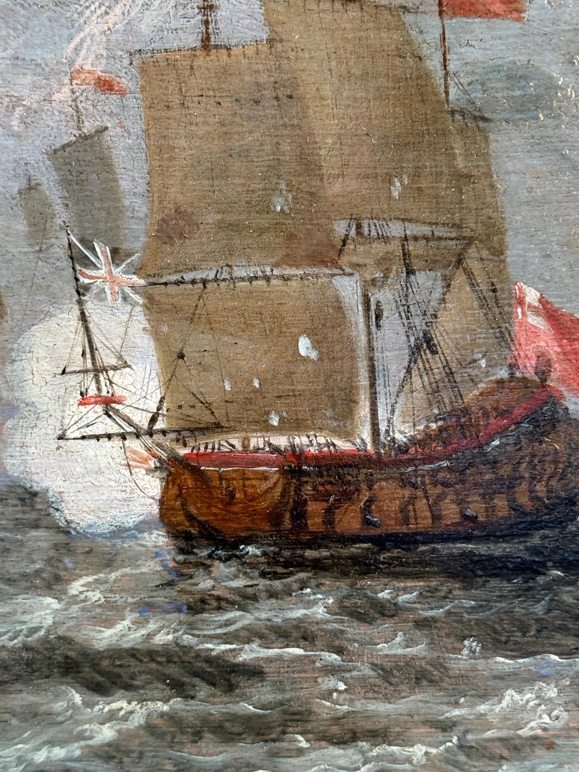 Atribuido a Francis Swaine (británico, 1725-1782)
Enfrentamiento naval en el mar, siglo XVIII
Óleo sobre tabla

En este evocador paisaje marino, un grupo de barcos -banderas izadas, cañones disparados- convergen en medio de aguas agitadas y un cielo