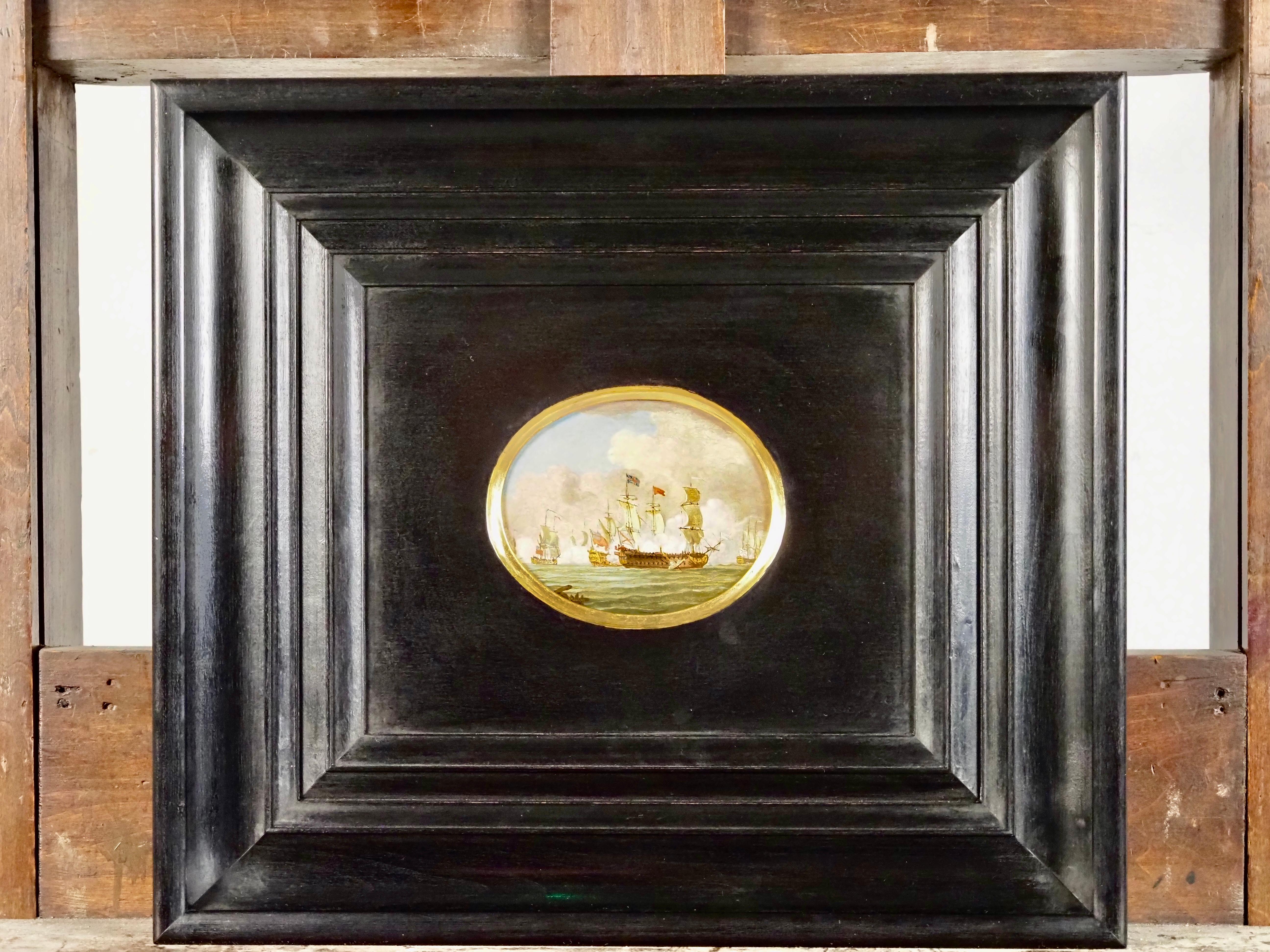 Francis Swaine (1725-1782)
A Naval engagement
Oil on panel
Oval
Painting size - 4 x 5 in
Framed size - 15 x 16 3/4 in

Little is known about Swaine’s early career, although Royal Navy records from 1735 show him listed as a messenger. Similarly to