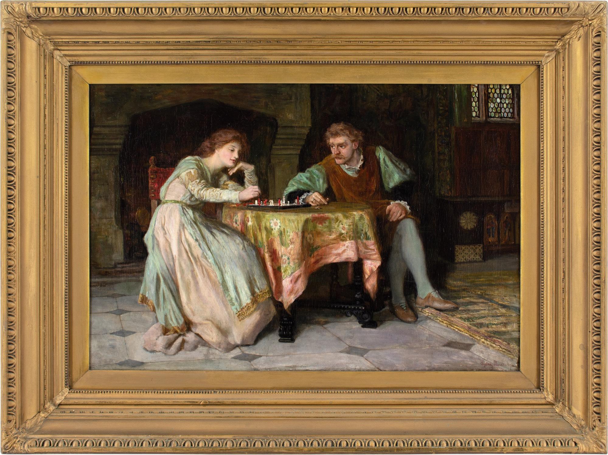 Cette peinture à l'huile de la fin du XIXe siècle de l'artiste britannique Francis Sydney Muschamp RBA (1851-1929) représente un couple médiéval jouant aux échecs dans un intérieur historique, peut-être un château. Muschamp était surtout connu pour