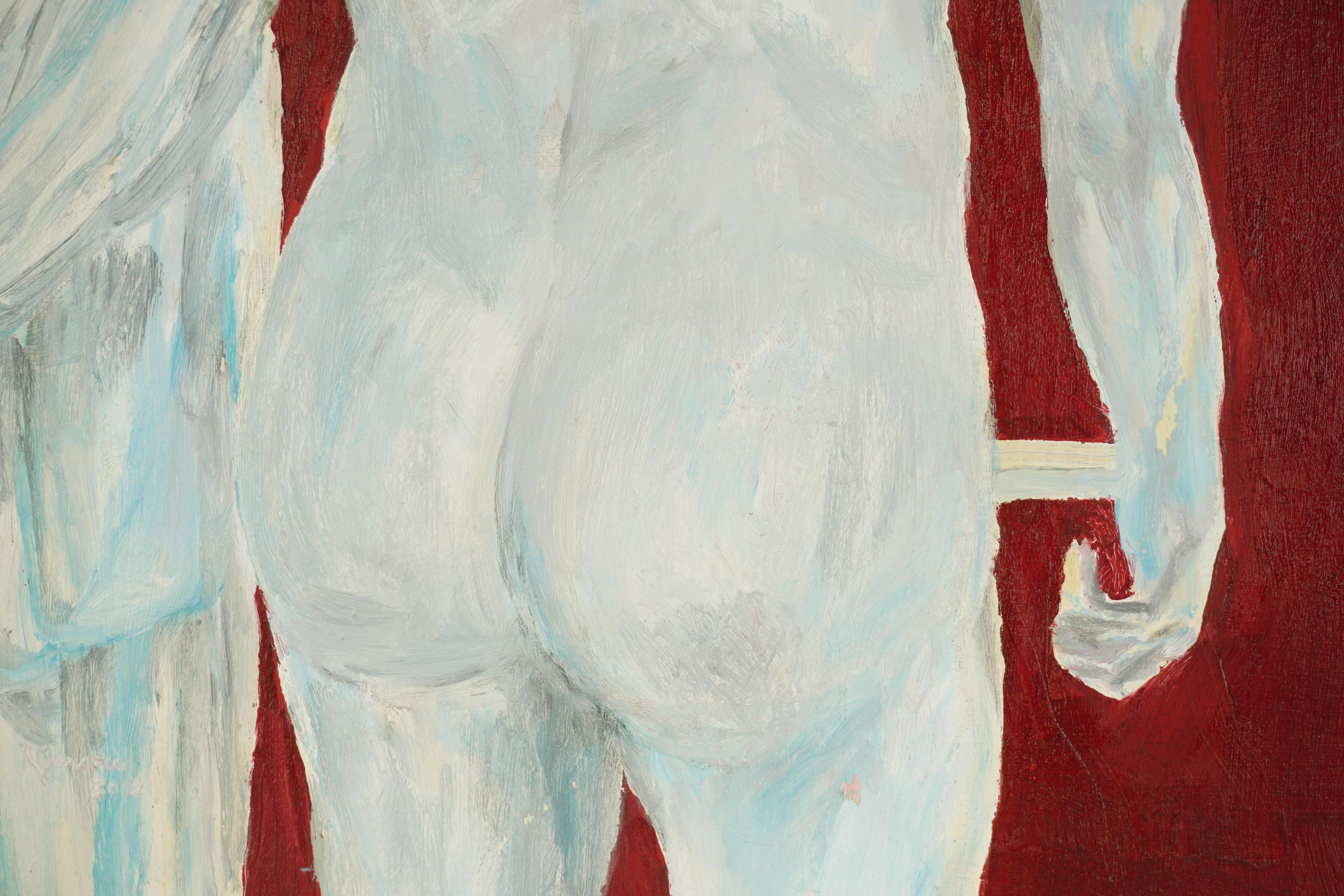 „“Perfect Empire #5“, klassische römische Hermes-Skulptur, figürliche Studie auf Rot (Grau), Figurative Painting, von Francis Tanseco