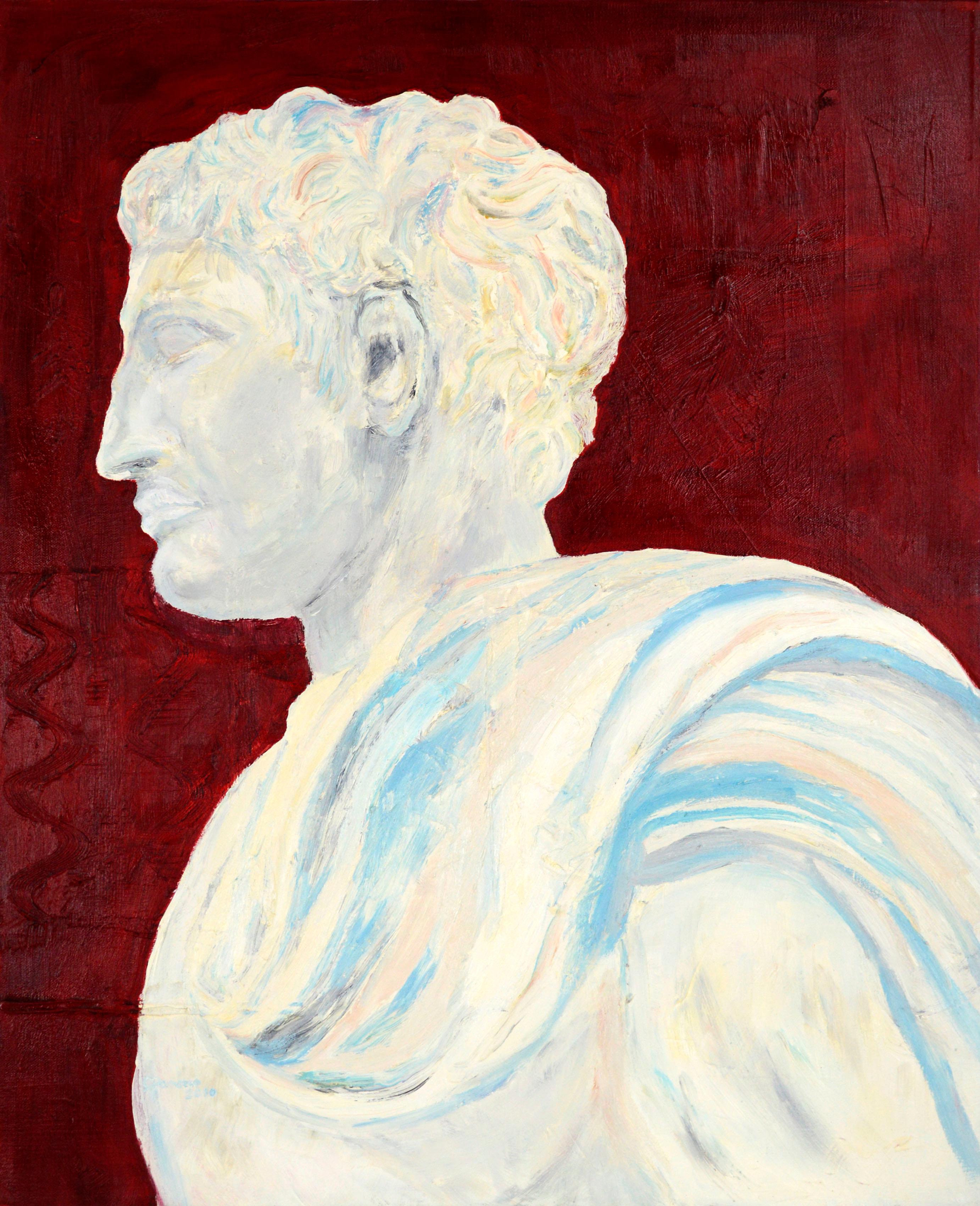 Francis Tanseco Figurative Painting - "Perfect Empire #9", Classical Greek Sculpture Portrait Figurative Study on Red