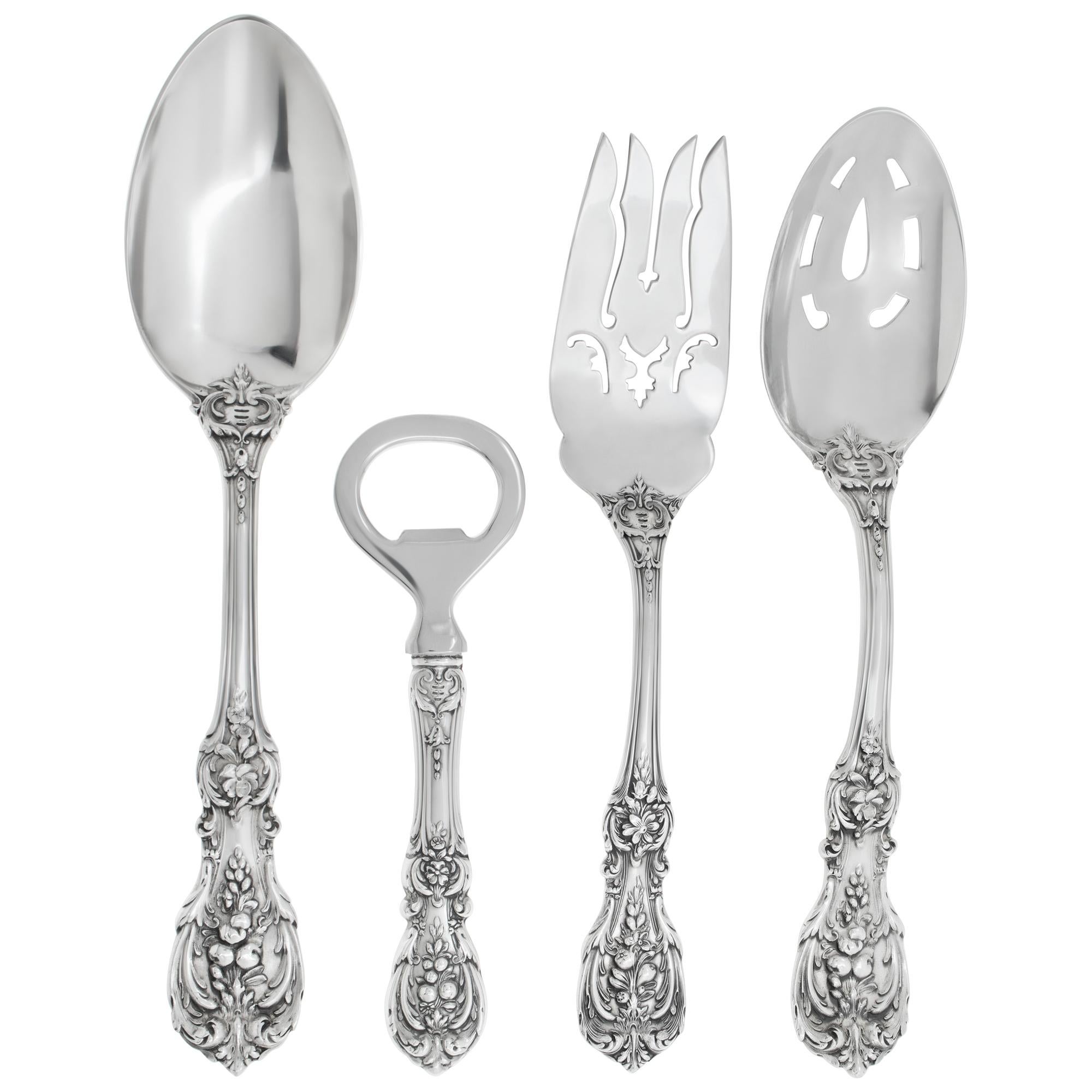 FRANCIS THE FIRST sterling silver flatware set patented in 1907 by Reed & Barton. 45 pieces- 5 place set for 6  + 4 serving pieces. Over 56 troys ounces of .925  sterling silver (counting the stainless steel knife as 1.00 troy ounce each, butter