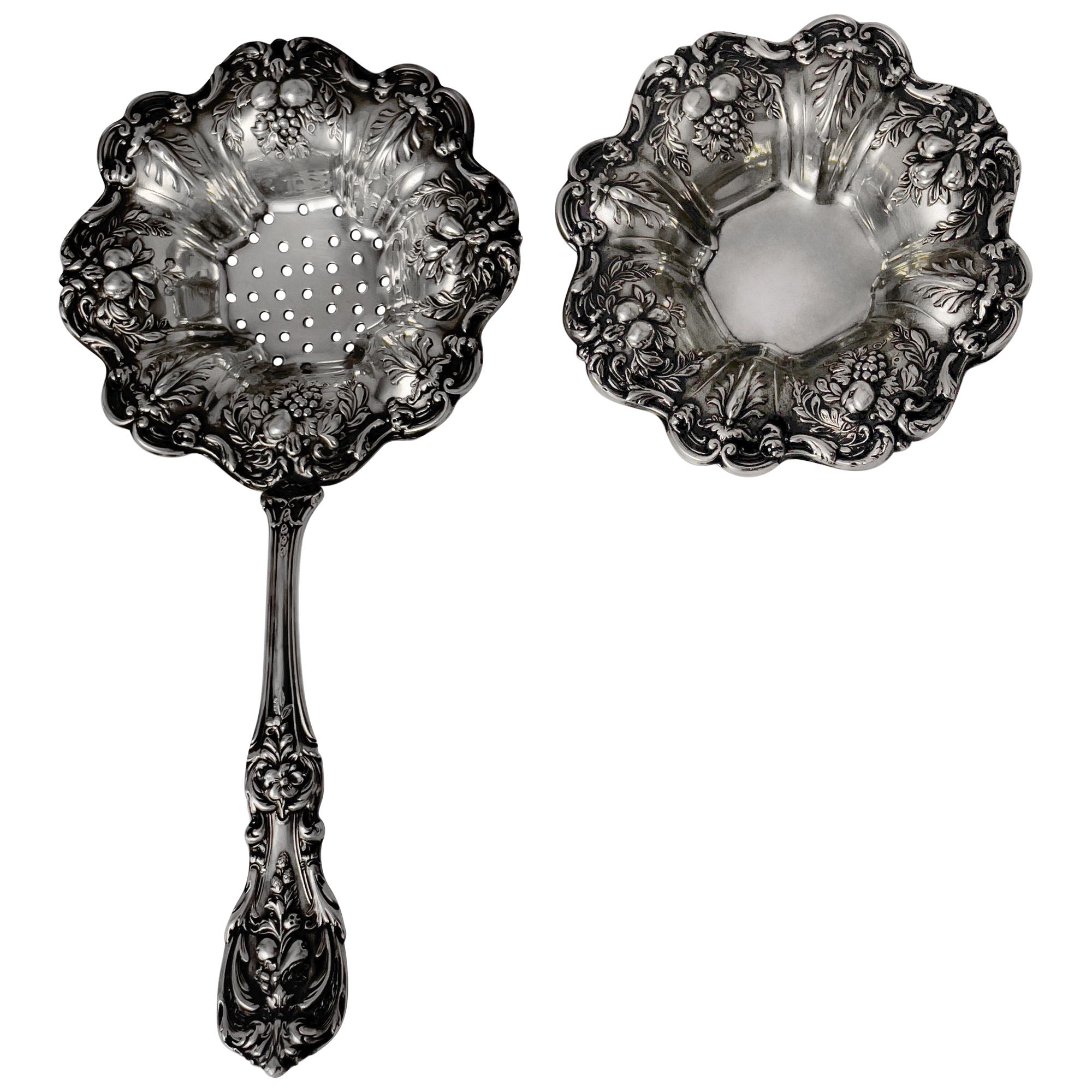 Sterling silver 3 pieces set- 1) Francis the First,patented in 1907 by Reed & Barton: 1) Tea strainer (7 1/4 long  x  3 1/2