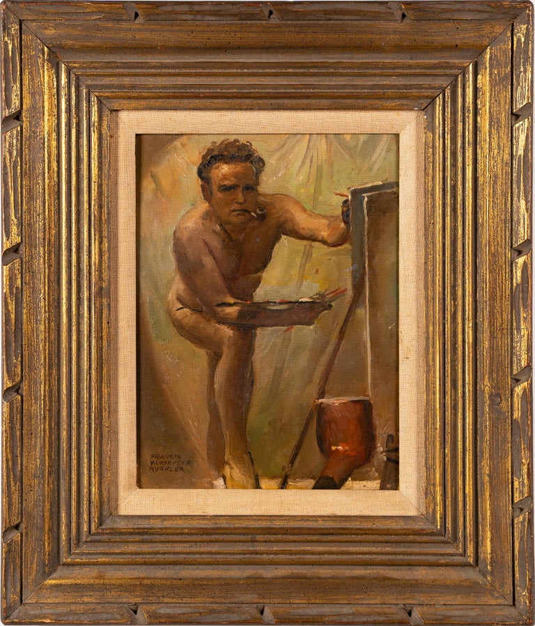 Antique American Modernist Male Nude Self Portrait Original Signed Oil Painting - Brown Portrait Painting by Francis Vandeveer Kughler