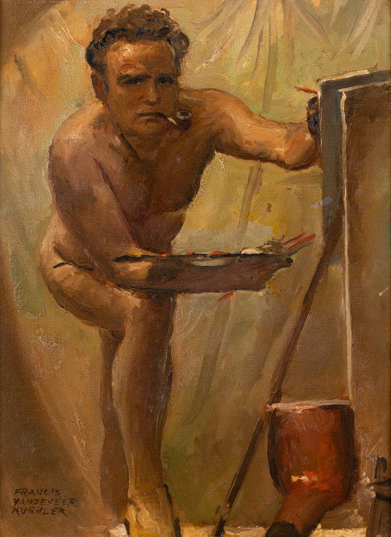 Antique American Modernist Male Nude Self Portrait Original Signed Oil Painting For Sale 1