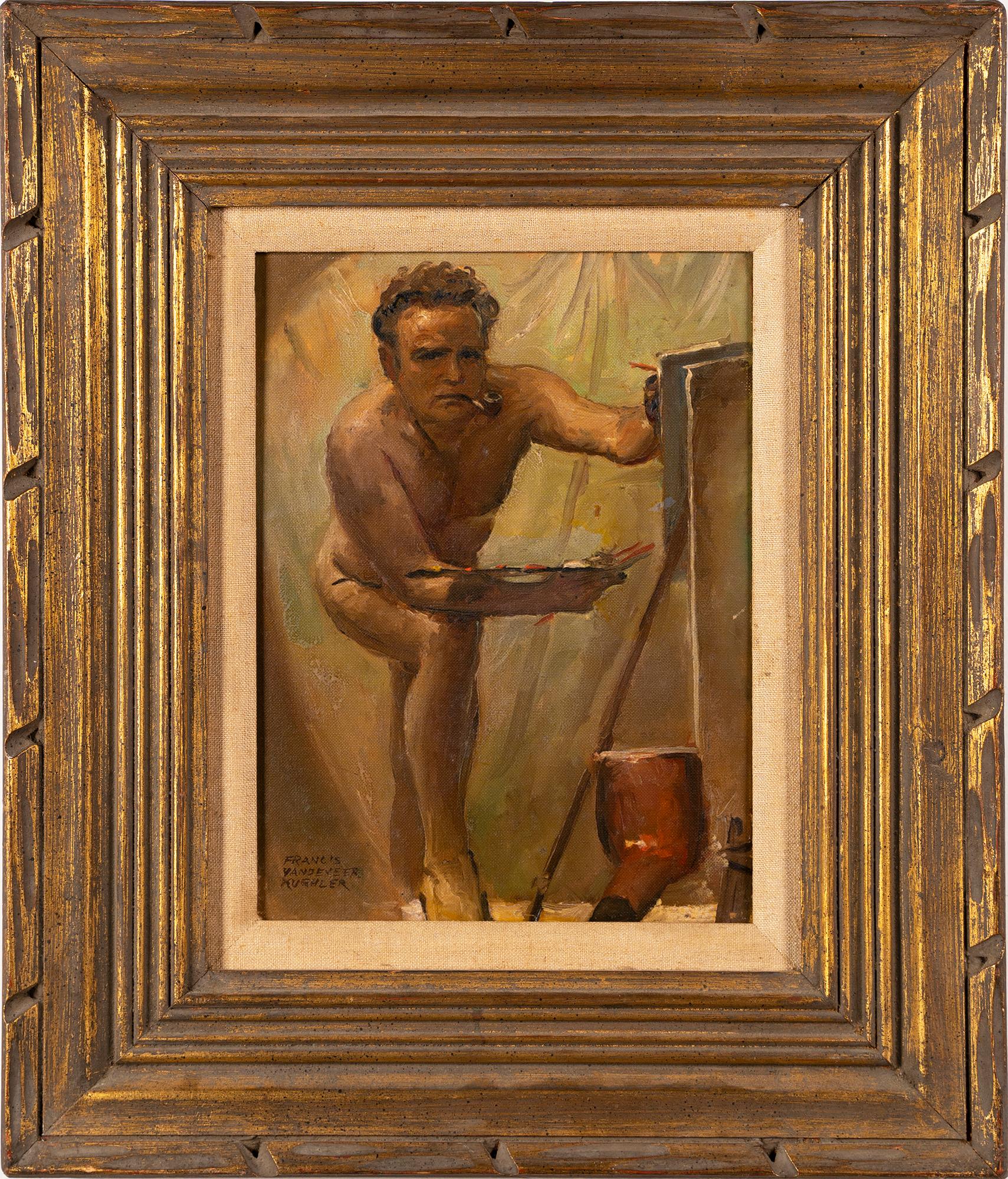 Antique American Modernist Male Nude Self Portrait Original Signed Oil Painting