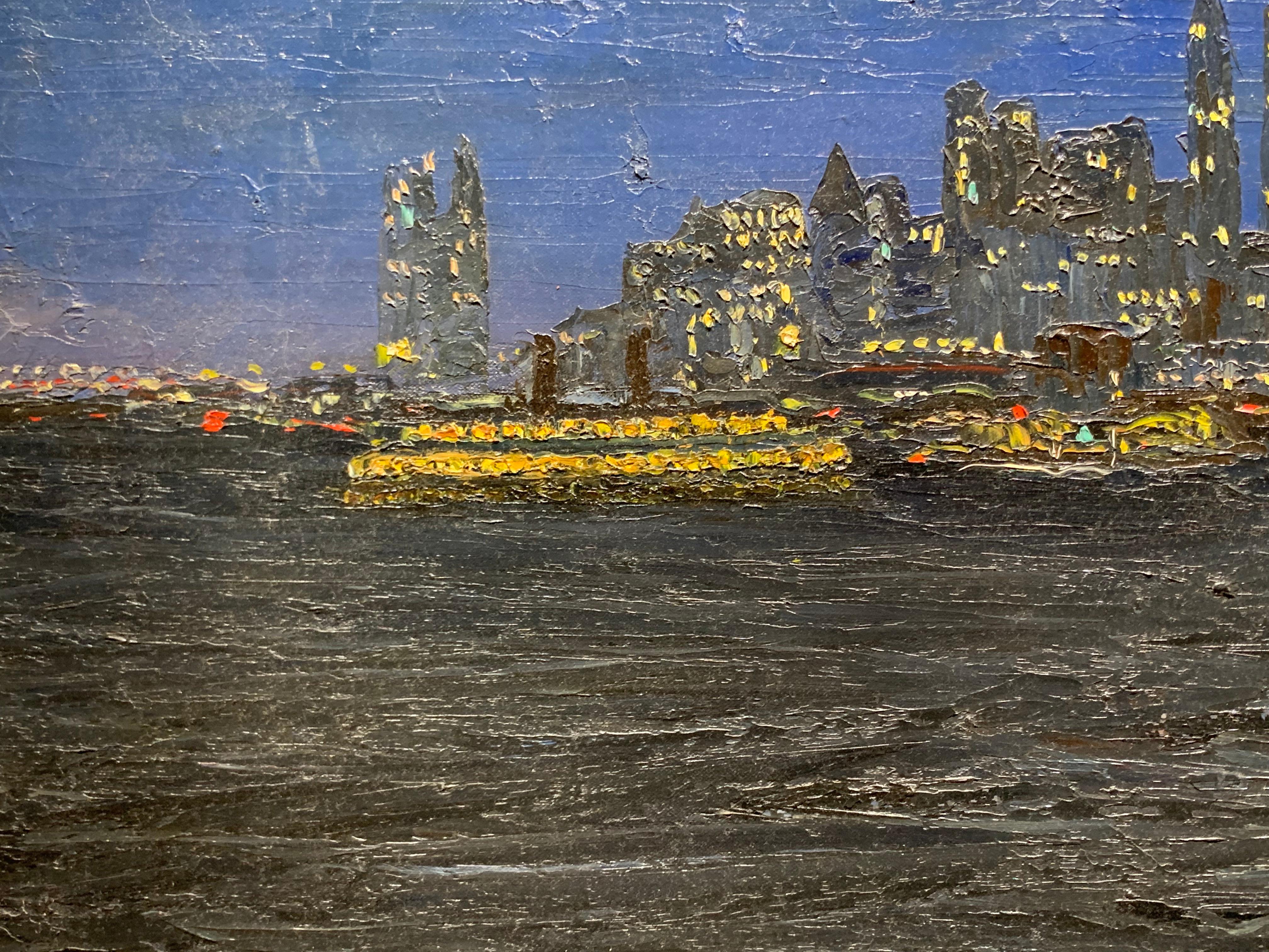 Lower Manhattan at Dusk from New York Harbor - Painting by Francis Vandeveer Kughler