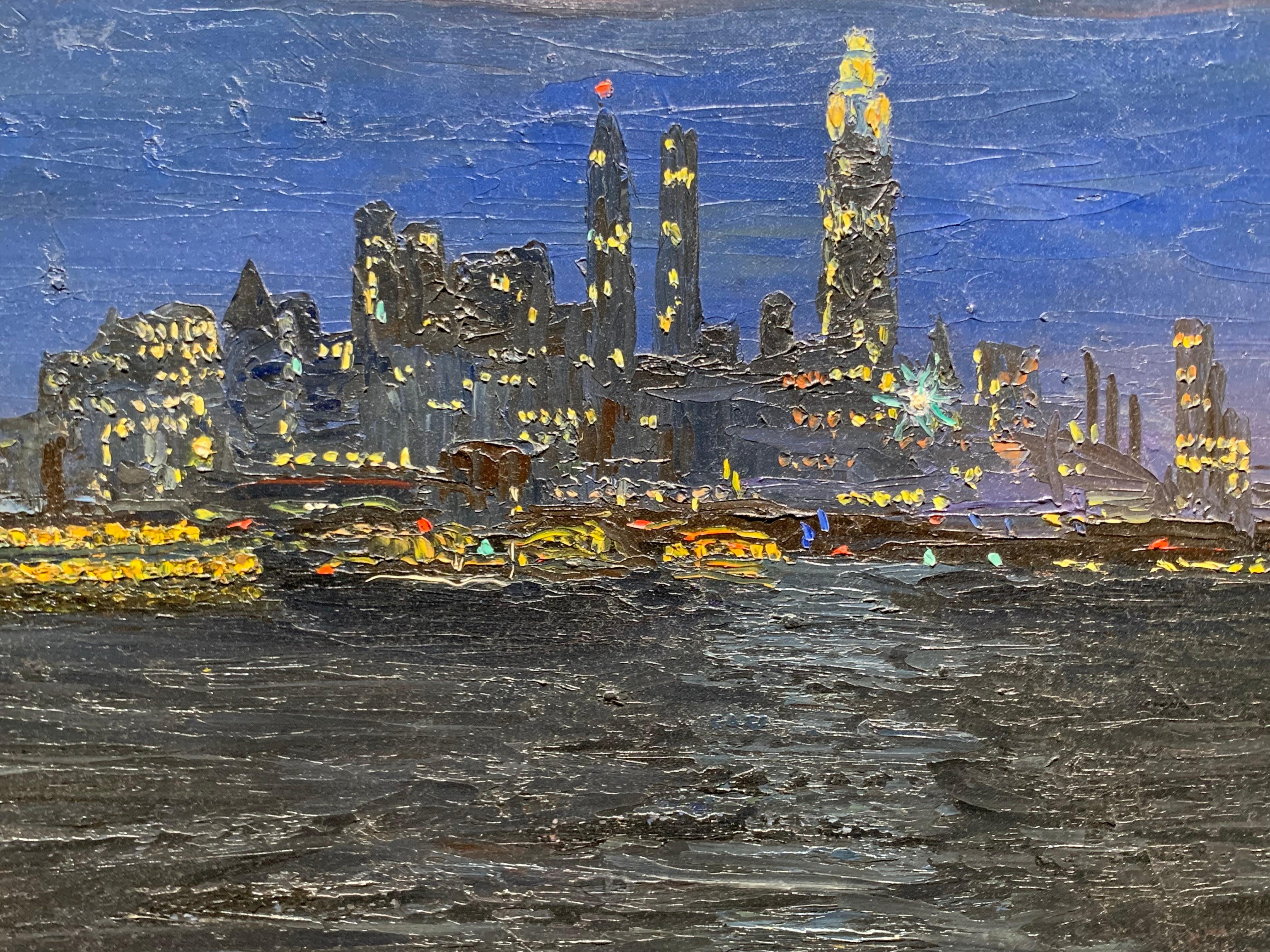 Lower Manhattan at Dusk aus dem New Yorker Hafen (Amerikanischer Impressionismus), Painting, von Francis Vandeveer Kughler