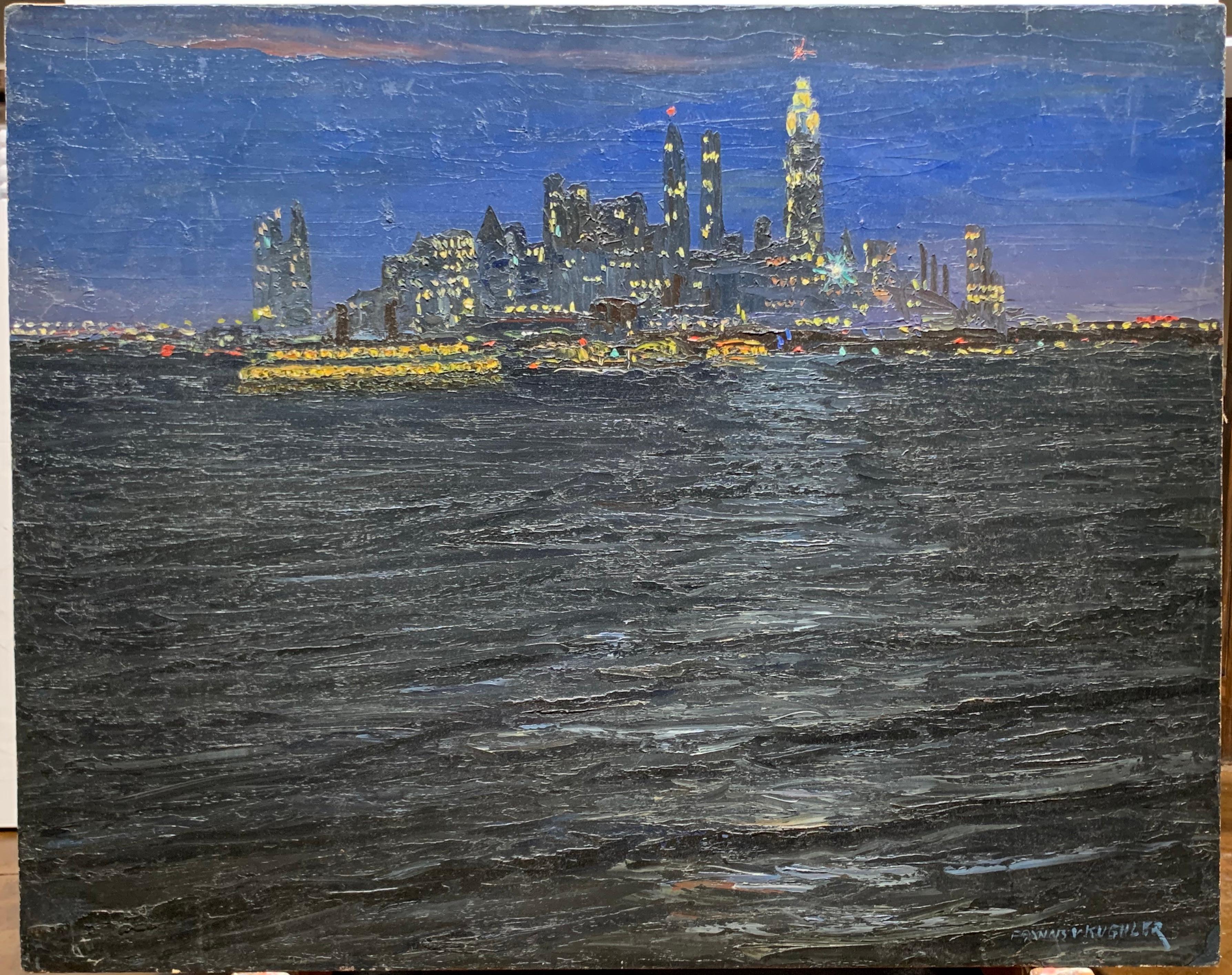 Francis Vandeveer Kughler Landscape Painting – Lower Manhattan at Dusk aus dem New Yorker Hafen