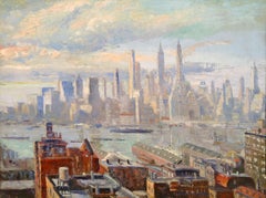New York Skyline from Brooklyn Heights, Oil on Board, Mid-20th Century