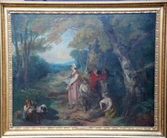 Famiglia che raccoglie combustibile invernale in un paesaggio - dipinto ad olio di un vecchio maestro britannico