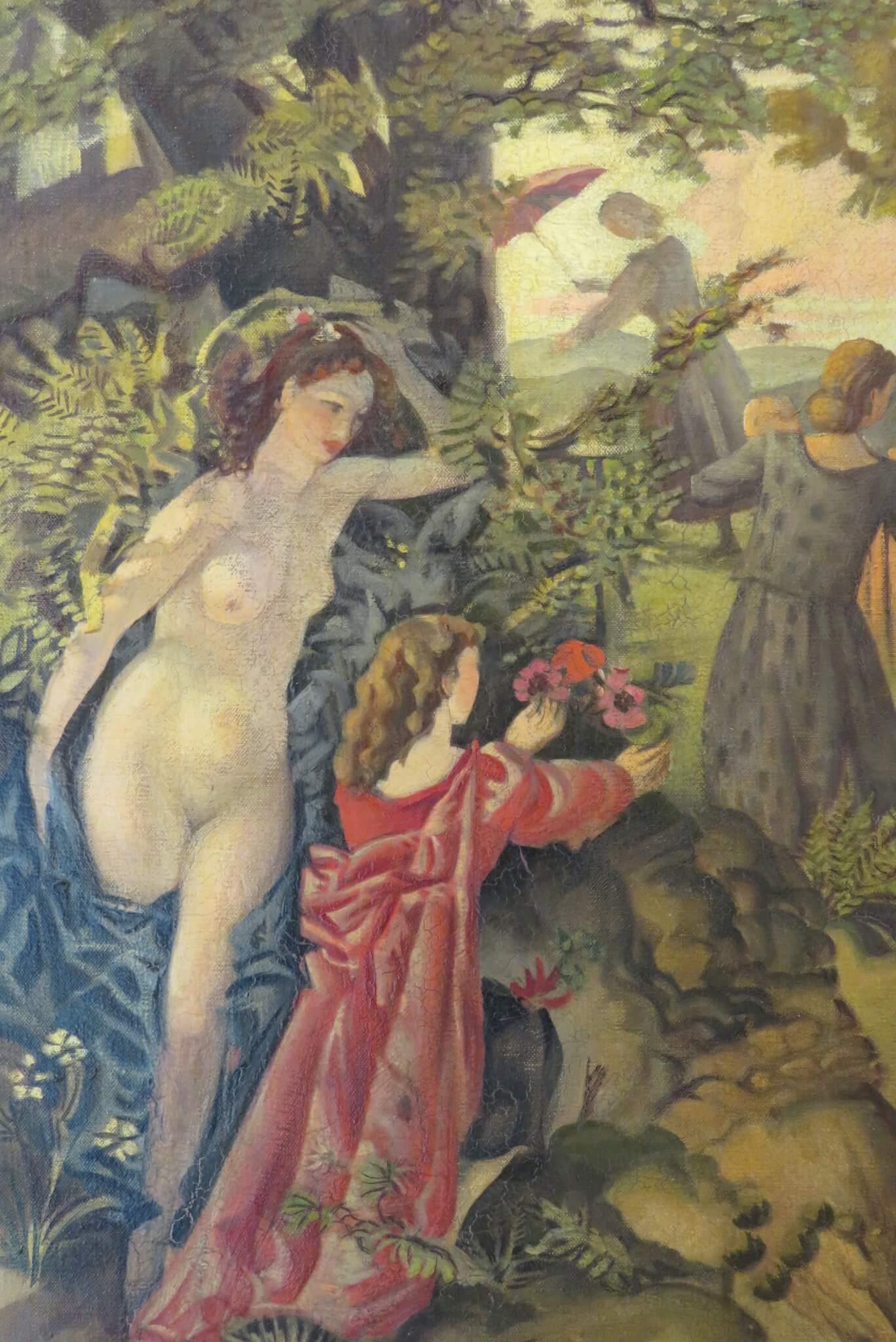 Damas en un paisaje clásico inglés Mediados del siglo XX  Pintura al Óleo Desnudo Romántico - Figurative Painting Marrón de Francis William Helps