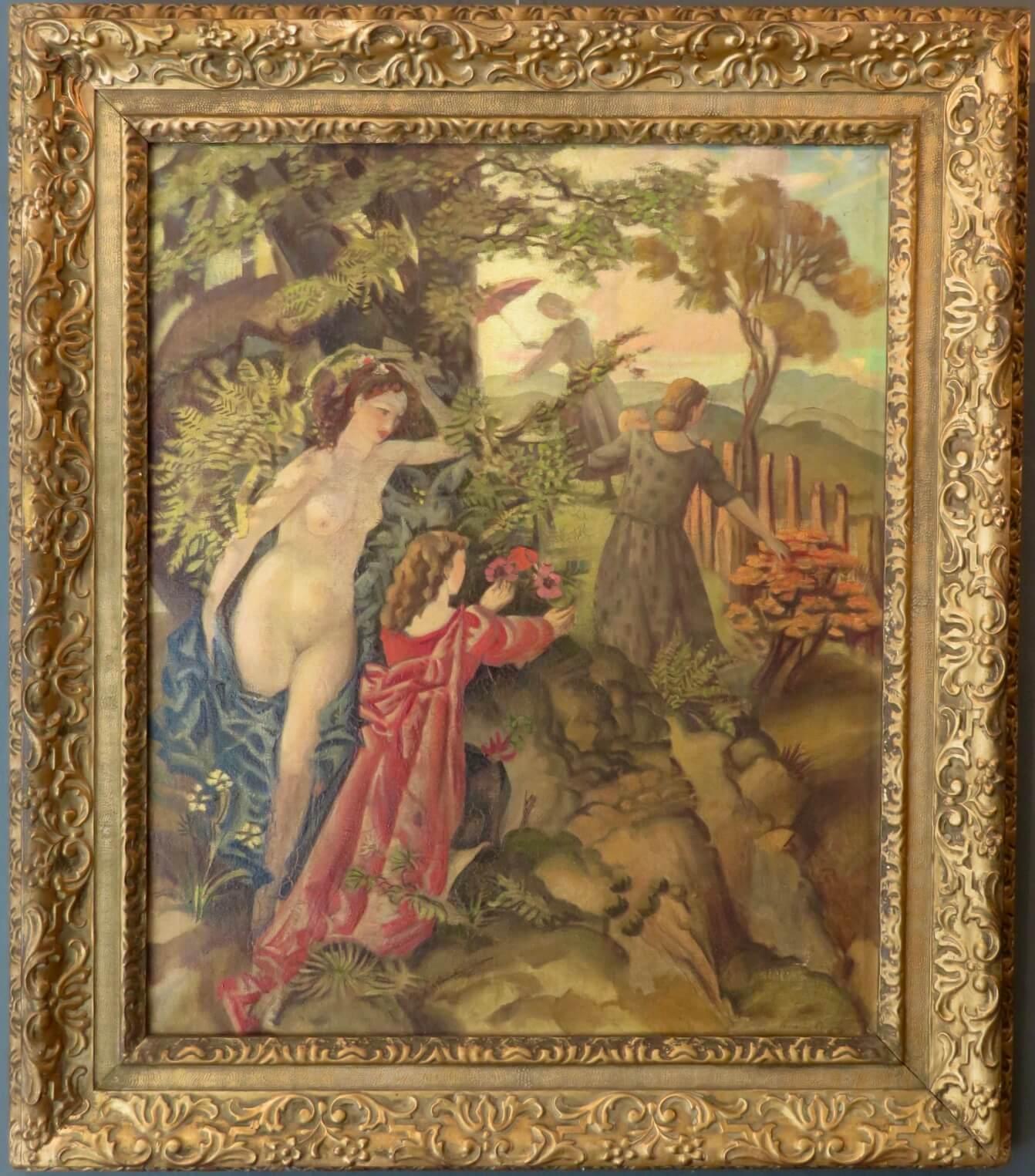 Signore in un paesaggio classico inglese della metà del XX secolo  Pittura ad olio di nudo romantico