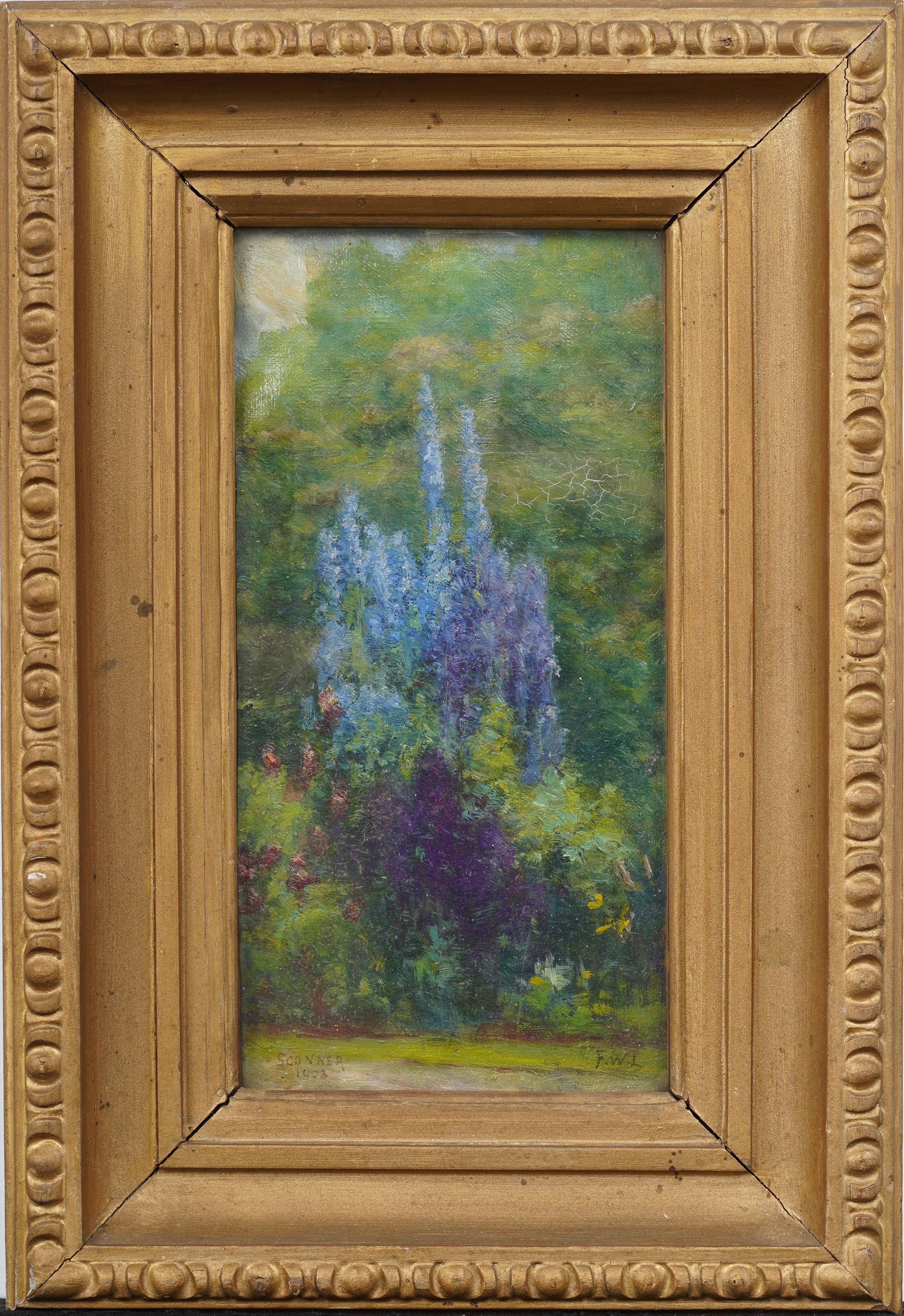 Antikes amerikanisches gerahmtes impressionistisches Blumengarten-Landschafts-Ölgemälde – Painting von Francis William Loring 