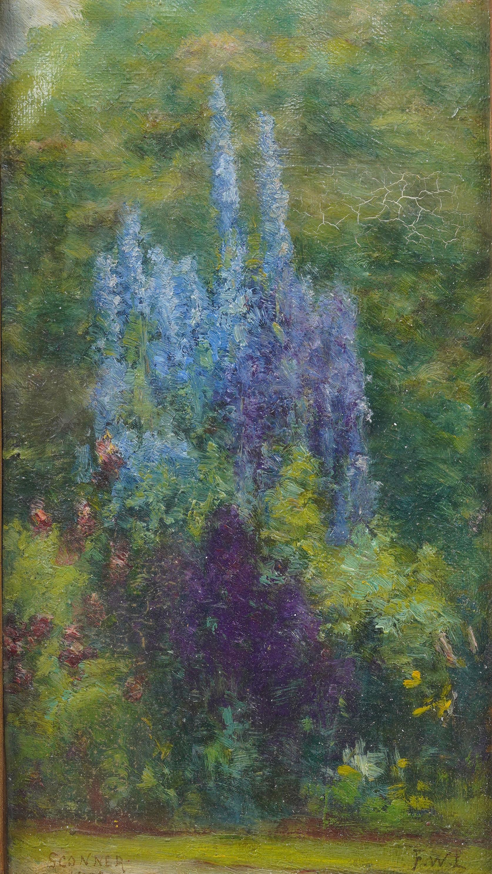 Antikes amerikanisches gerahmtes impressionistisches Blumengarten-Landschafts-Ölgemälde (Braun), Landscape Painting, von Francis William Loring 