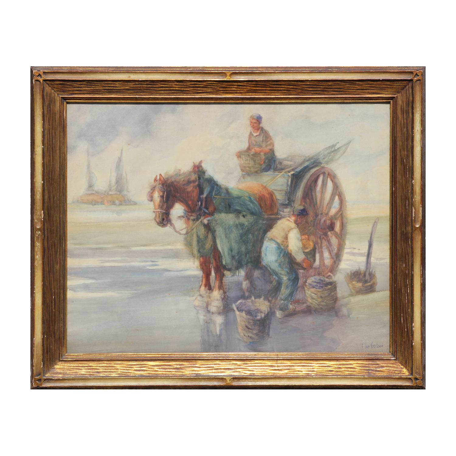 Francis William Van Vreeland Animal Painting - Early Impressionist Painting with a Horse Drawn Wagon 