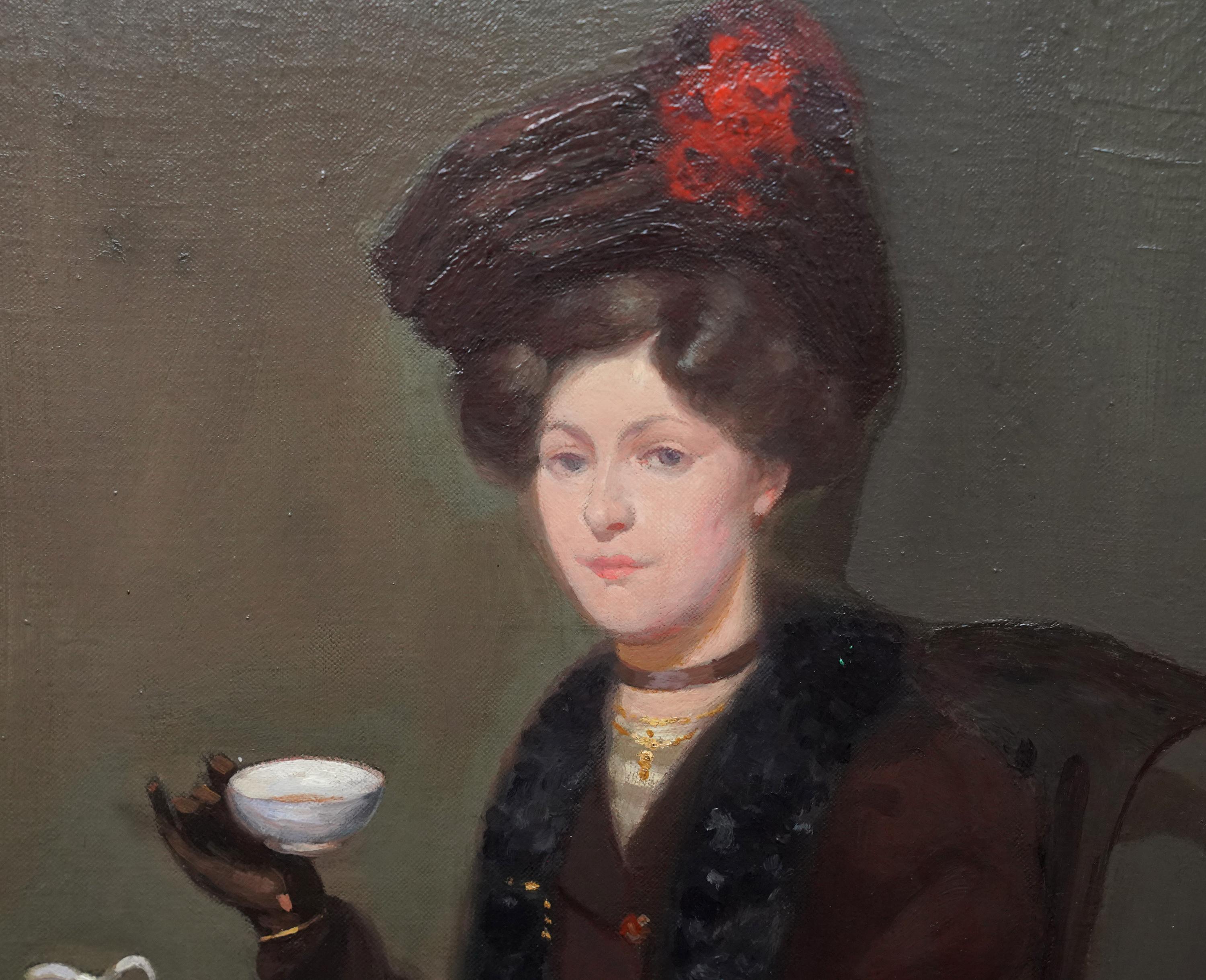 Afternoon Tea - Scottish Edwardian art interior portrait oil painting exh 1907 - Black Portrait Painting by Francis Wilson