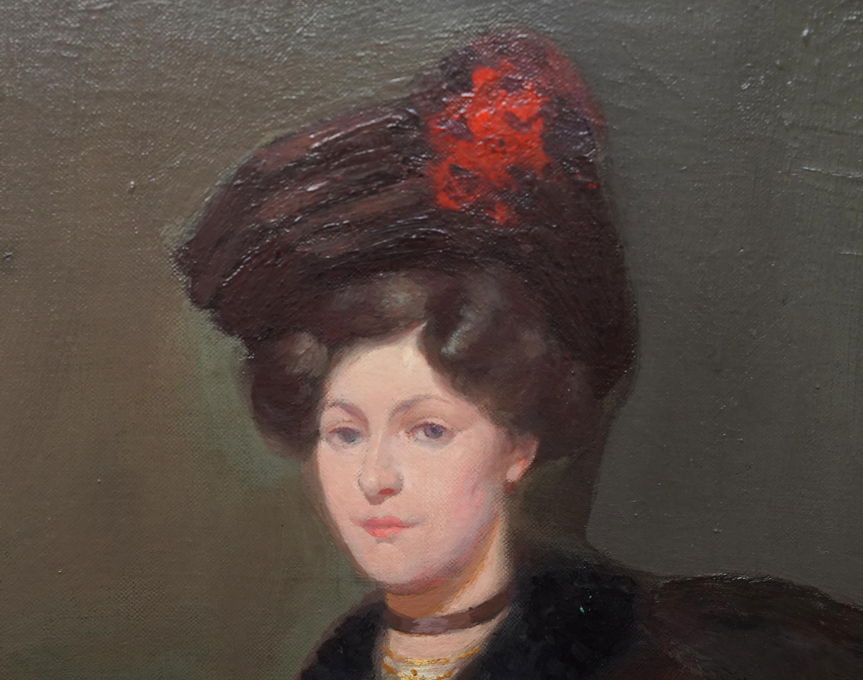 This superb Edwardian portrait oil painting is by noted Scottish artist Francis Wilson. Painted in 1907 it was exhibited at the Glasgow Institute that year entitled Afternoon Tea. The painting is a full length portrait of a seated lady in a long