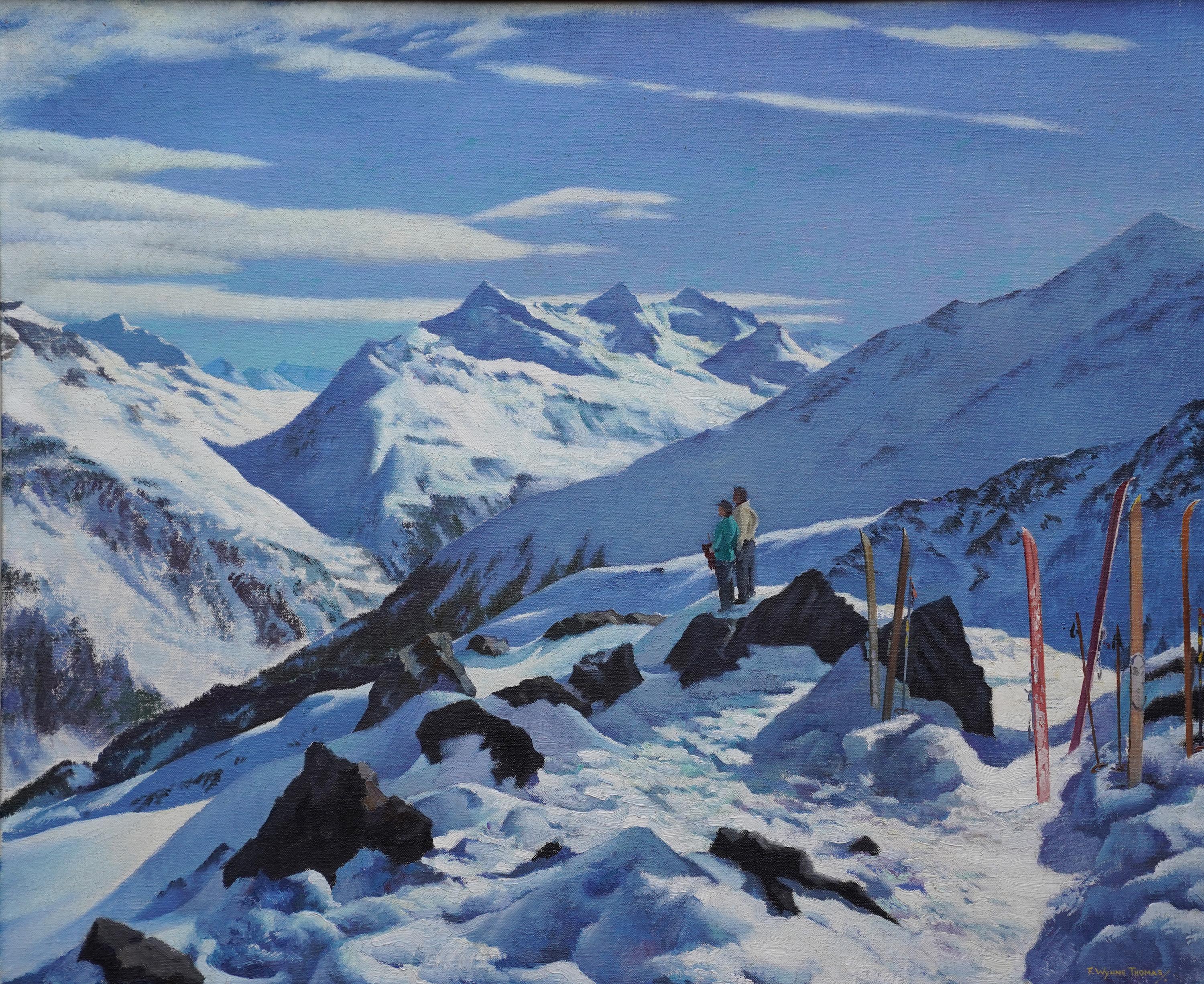 Couple in a Snowy Mountainous Landscape - British 1940's art skiing oil painting For Sale 5