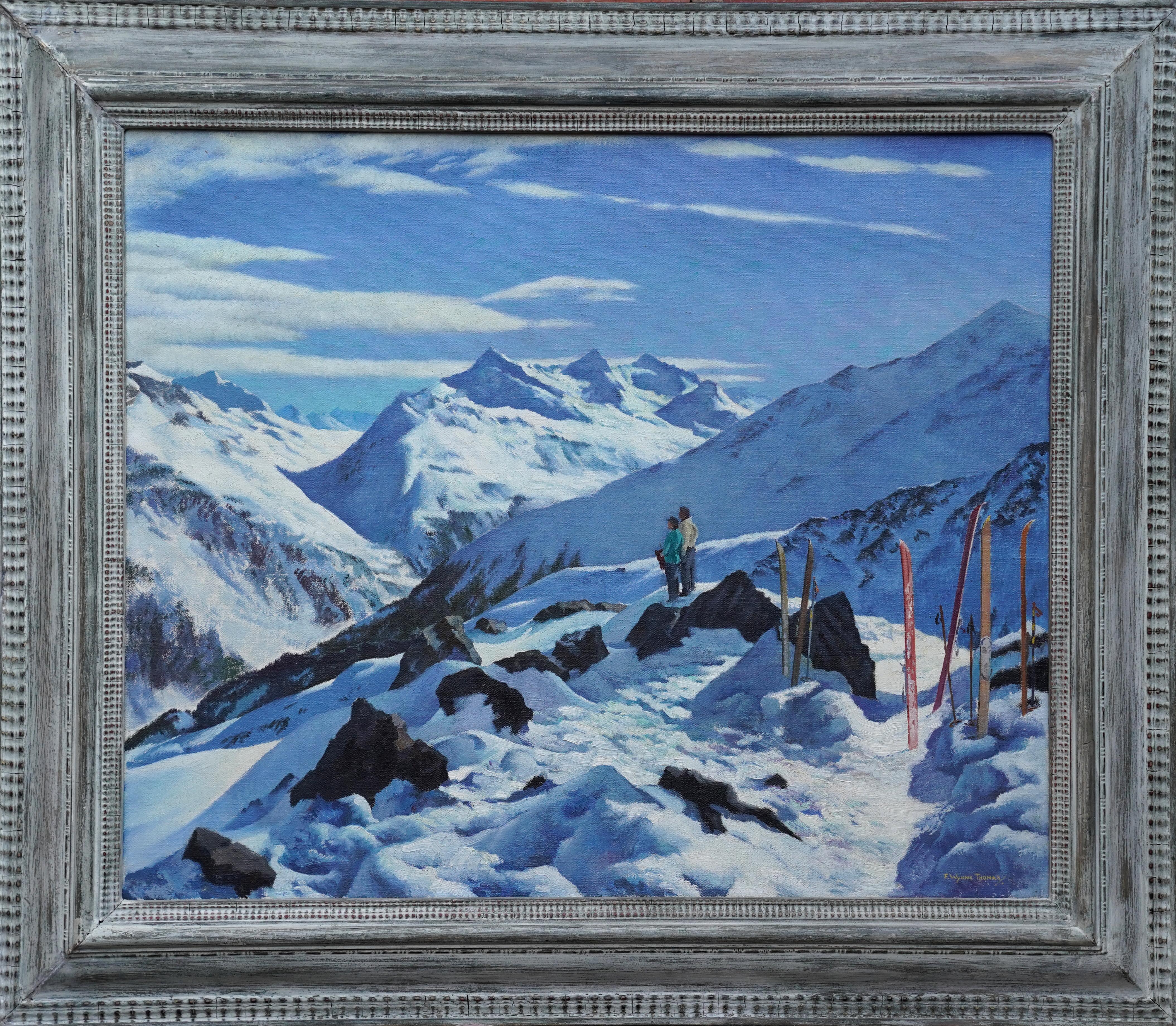 Couple in a Snowy Mountainous Landscape - British 1940's art skiing oil painting For Sale 6