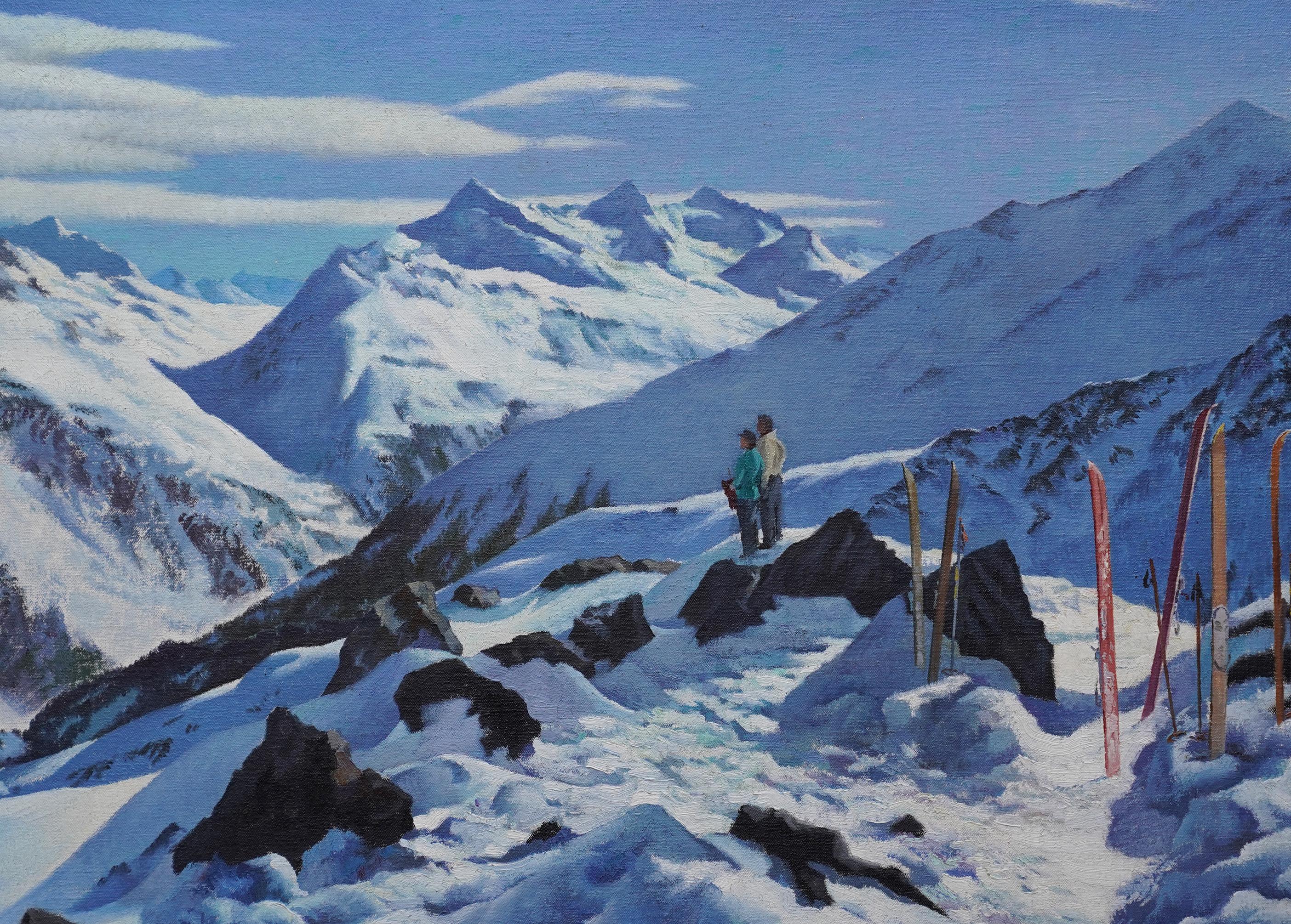 Paar in einer verschneiten Berglandschaft – britisches Skifahren-Ölgemälde aus den 1940er Jahren (Realismus), Painting, von Francis Wynne Thomas