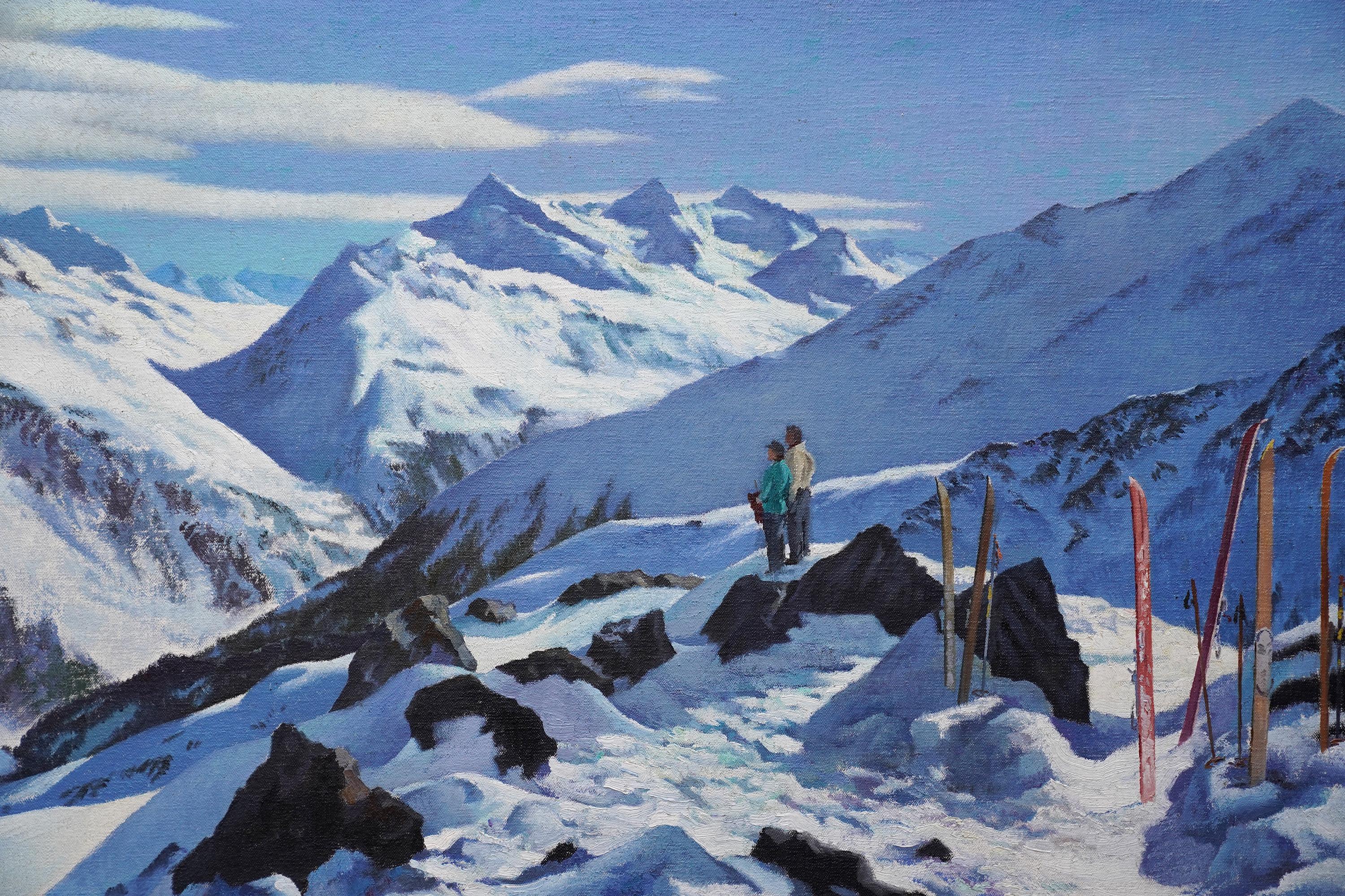 Couple in a Snowy Mountainous Landscape - British 1940's art skiing oil painting - Realist Painting by Francis Wynne Thomas