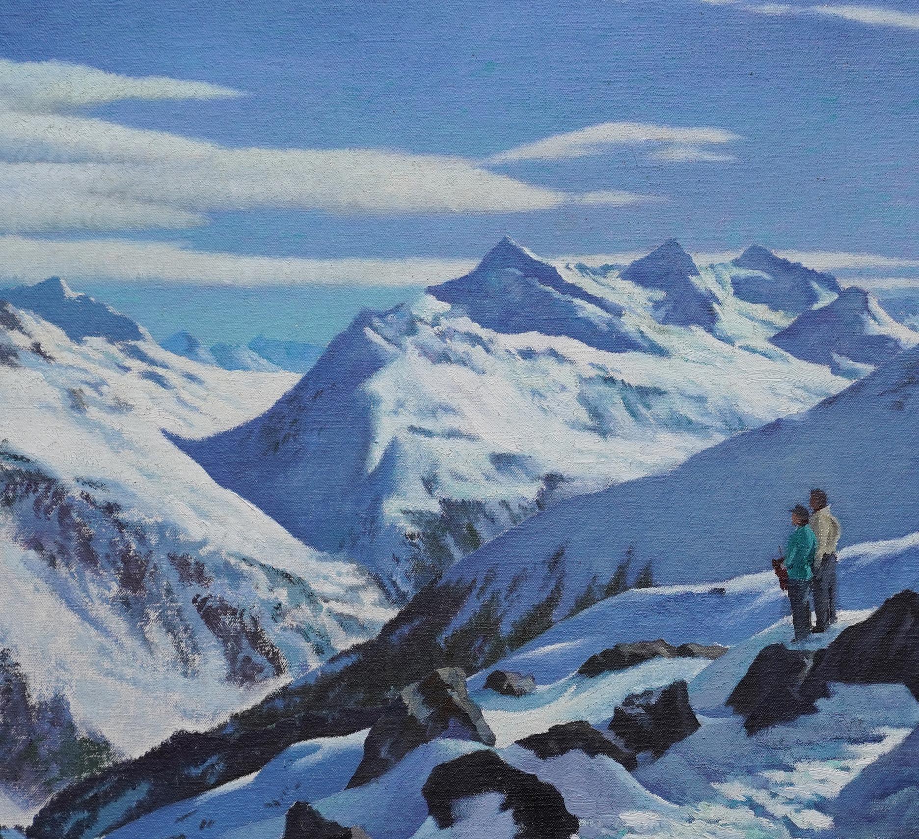 Paar in einer verschneiten Berglandschaft – britisches Skifahren-Ölgemälde aus den 1940er Jahren im Angebot 1