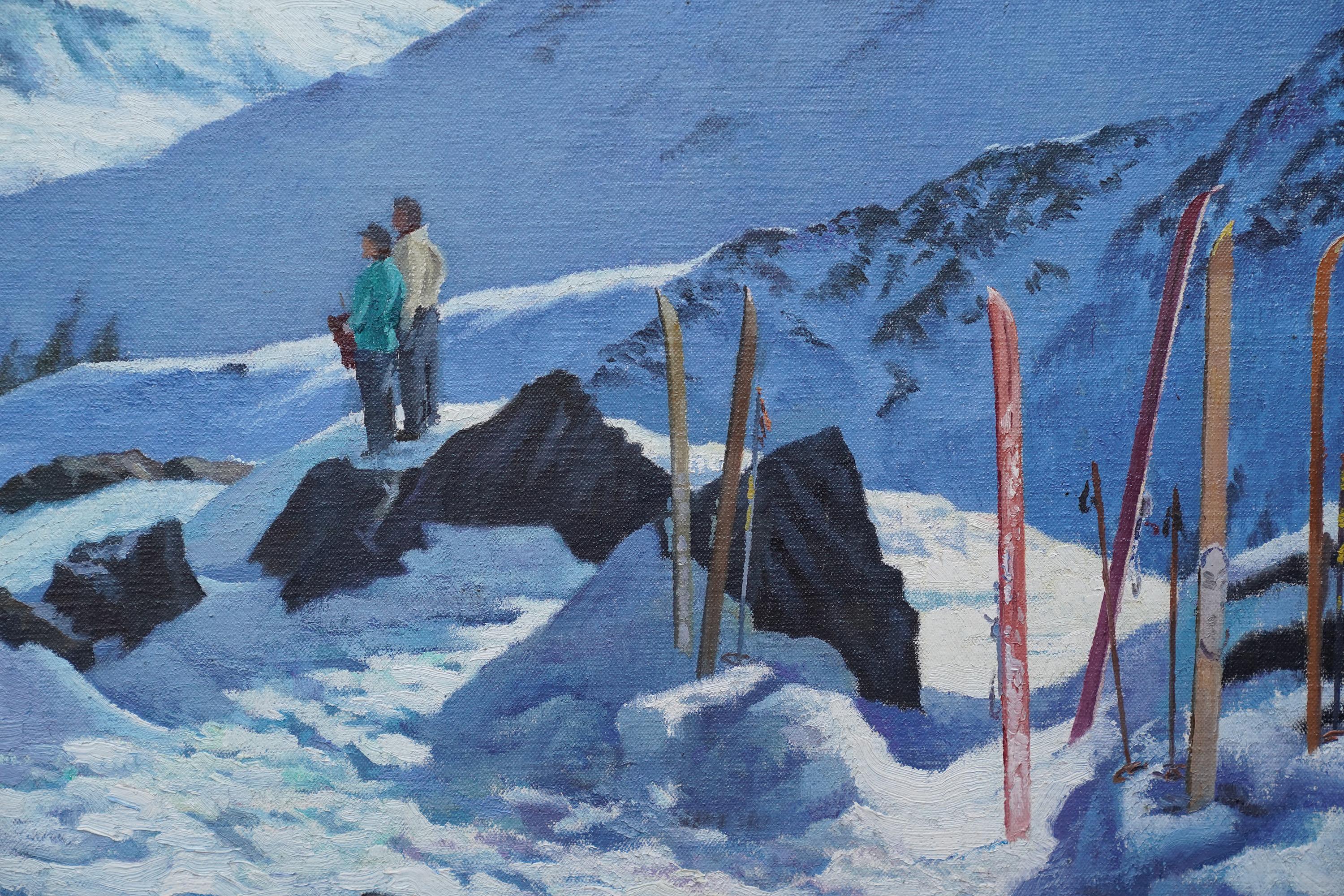 Couple in a Snowy Mountainous Landscape - British 1940's art skiing oil painting For Sale 1