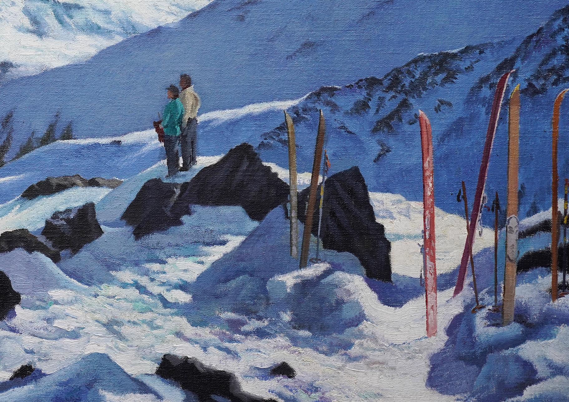 Couple in a Snowy Mountainous Landscape - British 1940's art skiing oil painting For Sale 2