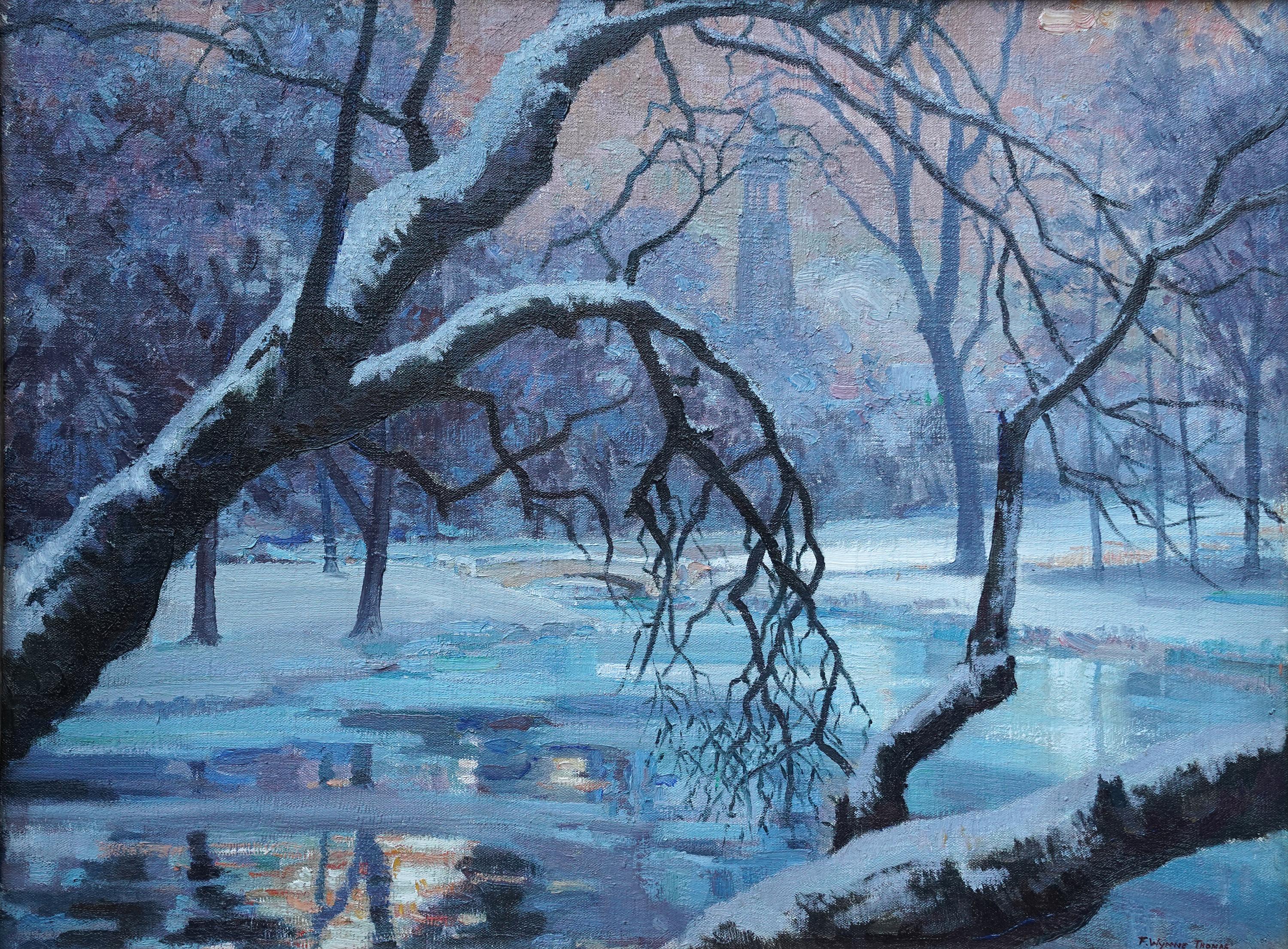 Winter Landscape 1945 - British art snowy river landscape oil painting - Painting by Francis Wynne Thomas