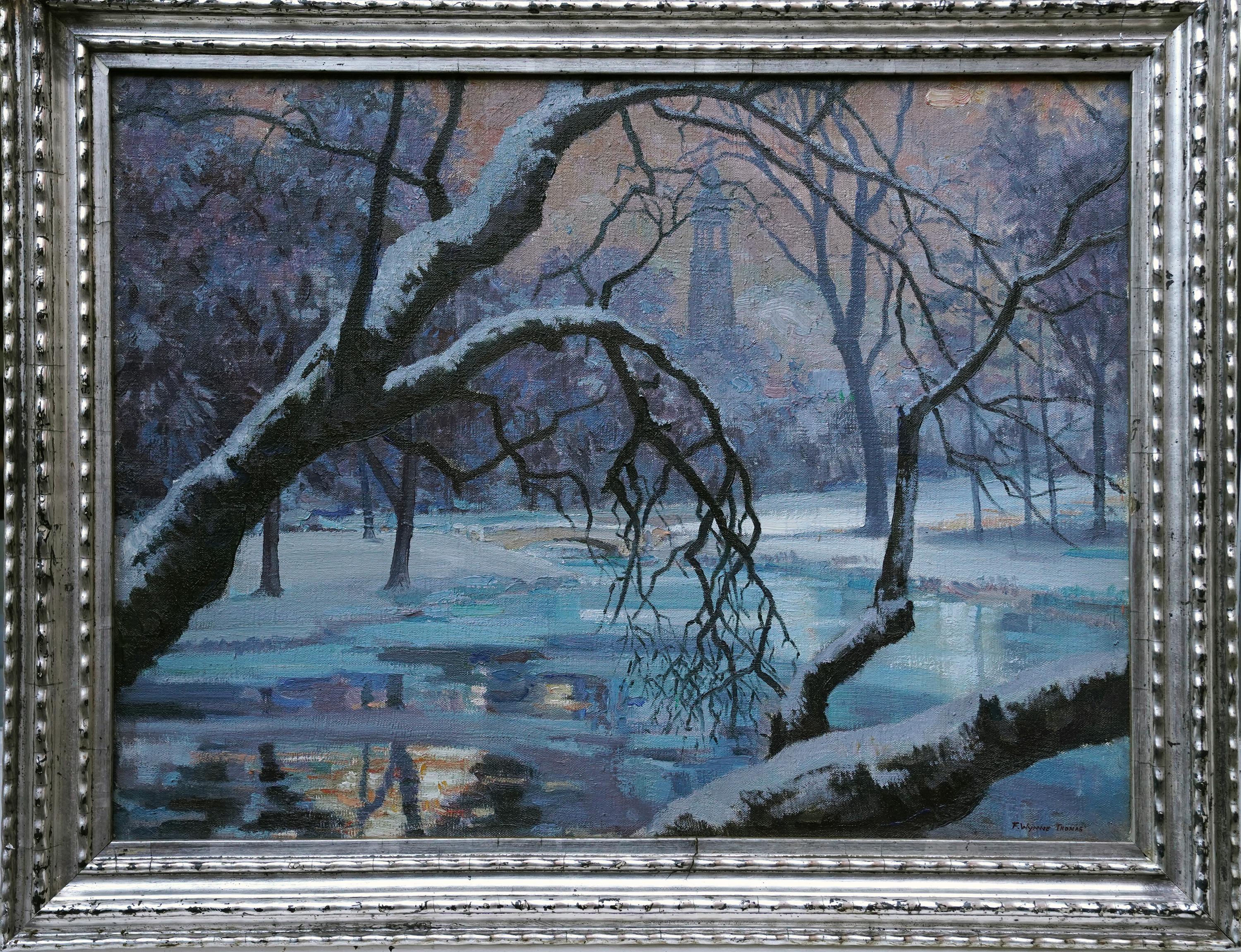 Francis Wynne Thomas Landscape Painting - Winter Landscape 1945 - British art snowy river landscape oil painting