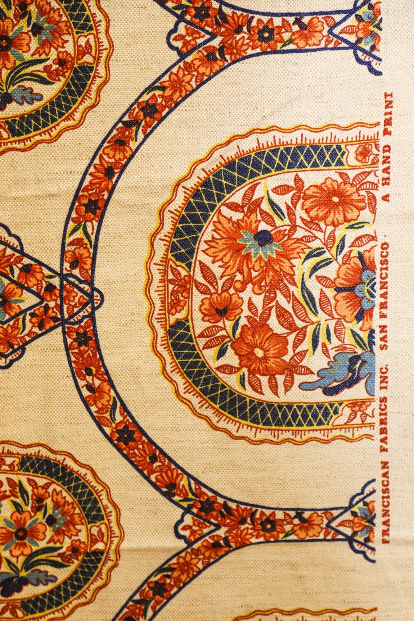 Franciscan Fabrics Linen Collectable 1970-1979 Time Period Manufactured Interiors Fabric.
Franciscan Fabrics San Francisco hand block print upholstery fabric.
Such a beautiful rich & vibrant colored, warm, textured, but soft and drapeable, woven