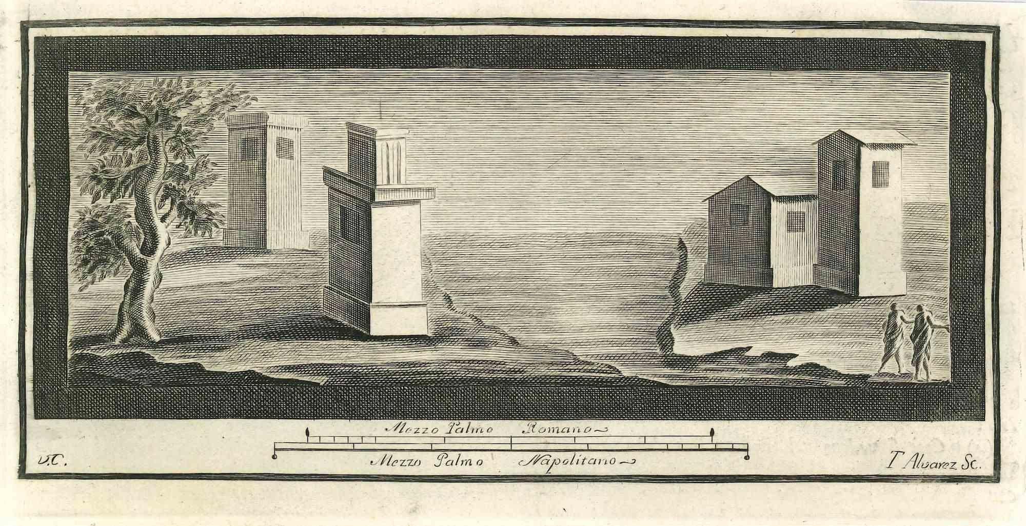 Fresque du temple romain des "Antiquités d'Herculanum" est une gravure sur papier réalisée par Francisco Alvarez au XVIIIe siècle.

Signé sur la plaque.

Bonnes conditions.

La gravure appartient à la suite d'estampes "Antiquités d'Herculanum