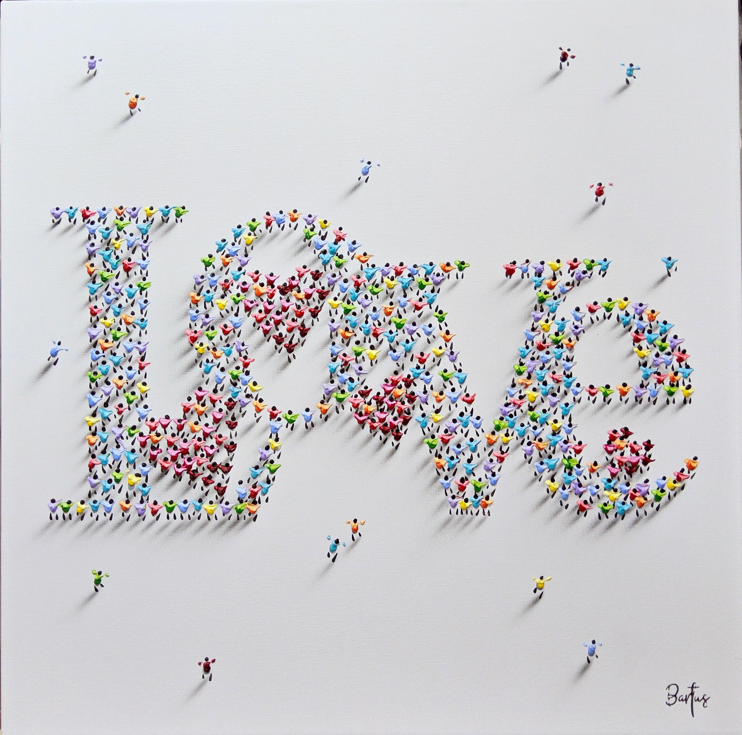 This piece, "All You Need is Love", is a 32x32 mixed media painting on canvas by artist Francisco Bartus. Featured is a script made up of individual helpings of paint, spelling out the word LOVE surrounded by small red hearts.  The figures are