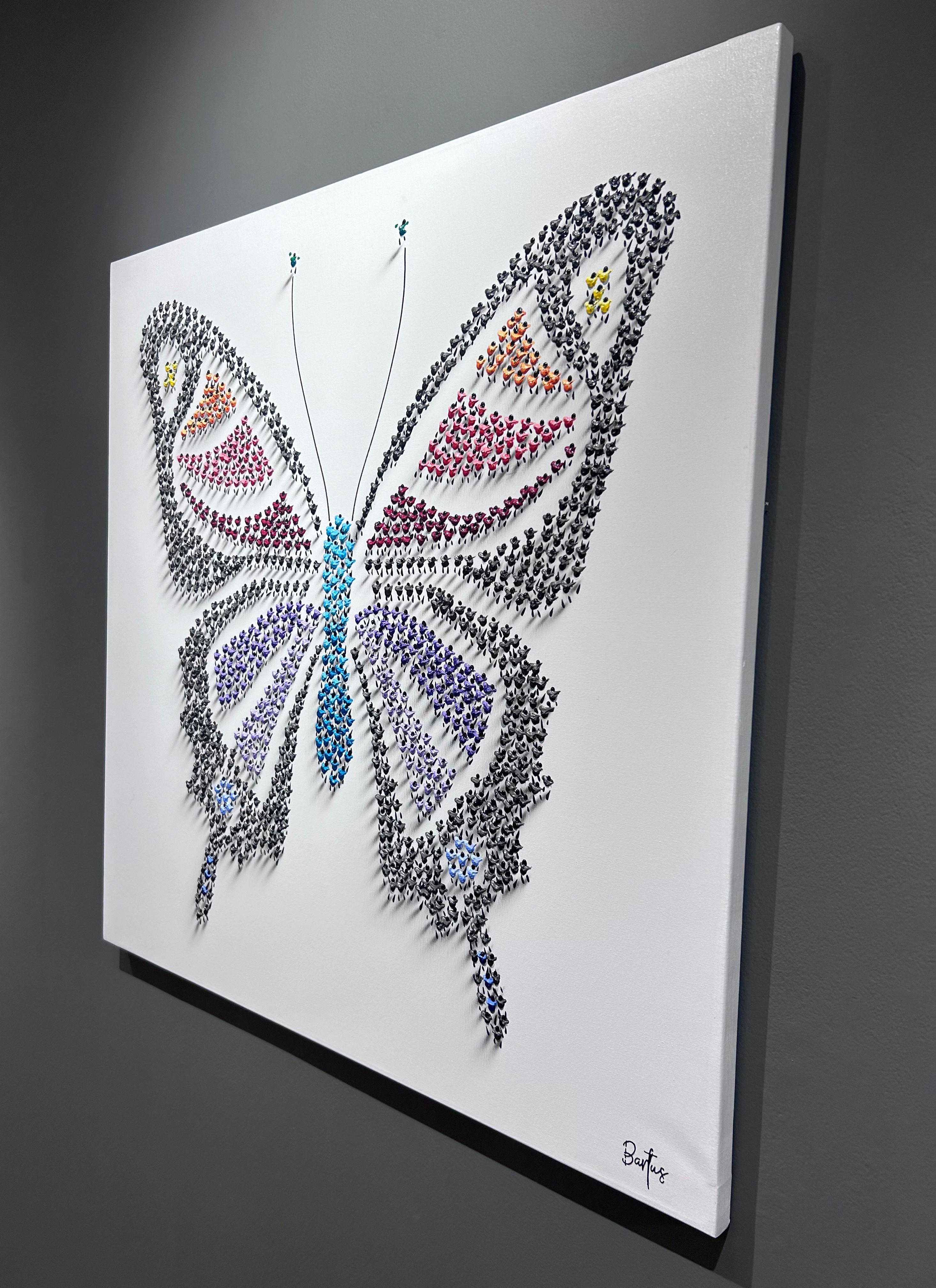 Francisco Bartus, „Fly Free“, 40x40, Gemälde in Mischtechnik mit strukturiertem Schmetterling im Angebot 2