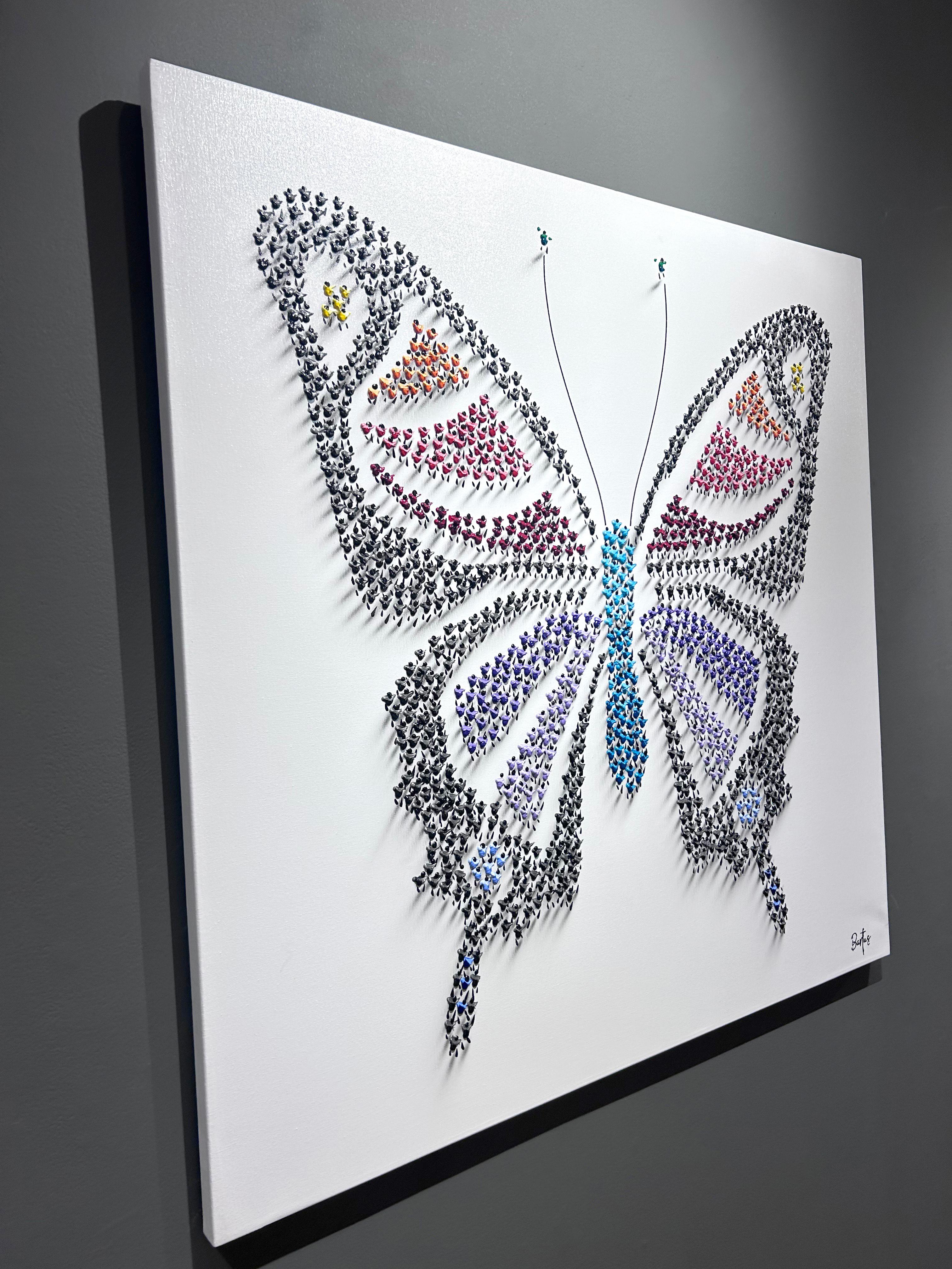 Francisco Bartus, „Fly Free“, 40x40, Gemälde in Mischtechnik mit strukturiertem Schmetterling im Angebot 3