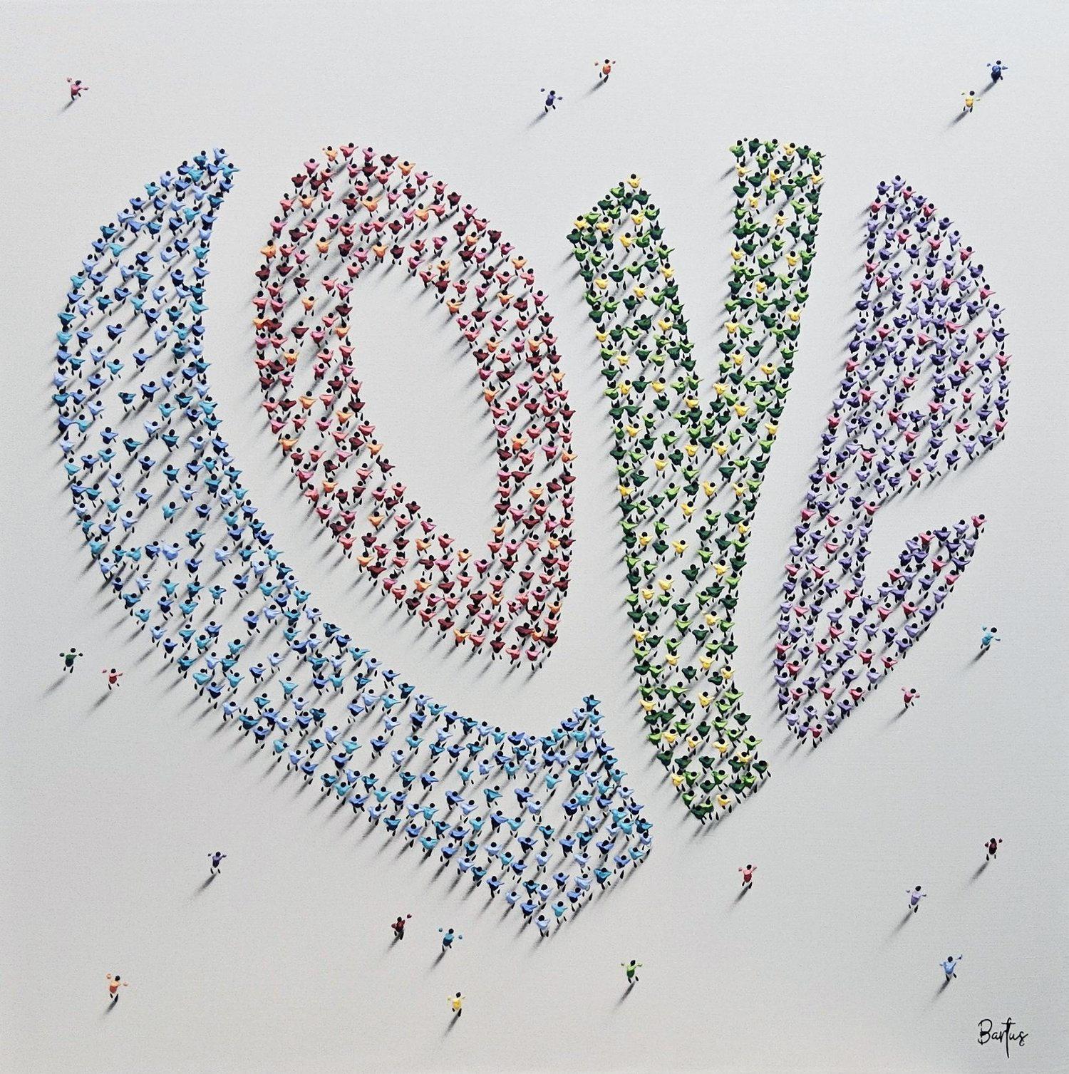 This piece, "Heart Full of Love", is a 40x40 mixed media painting on canvas by artist Francisco Bartus. Featured is a loose heart shape made up of individual helpings of paint, spelling out the word LOVE.  The figures are strategically placed and