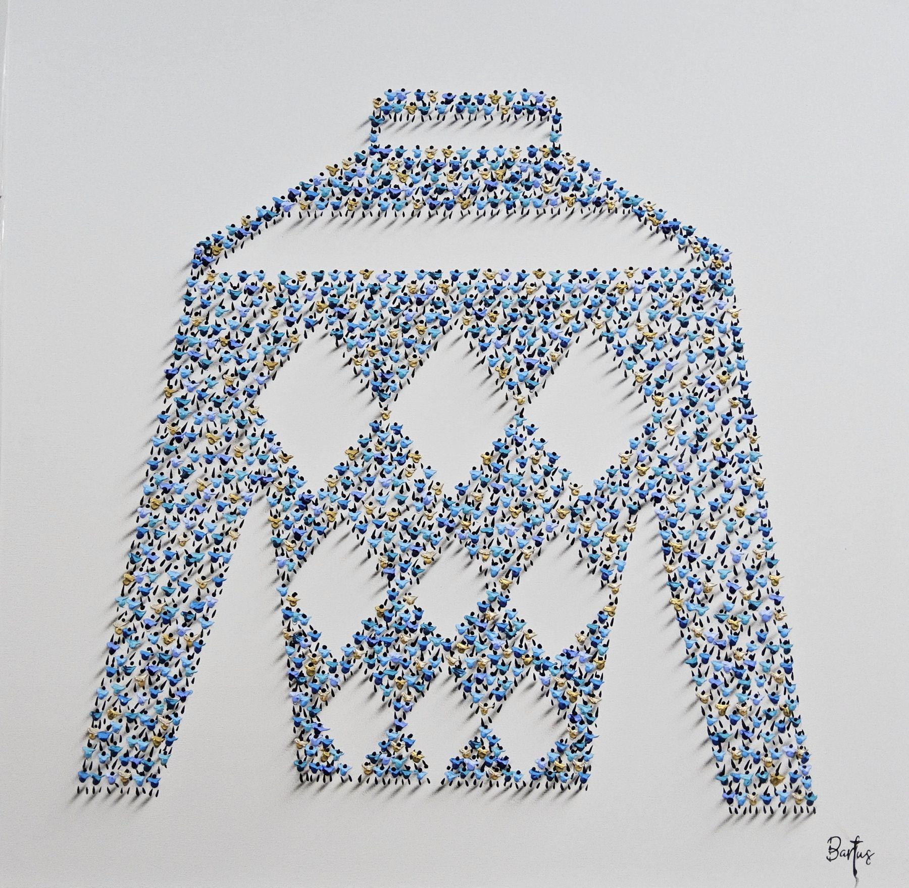This piece, “Jockey’s Pride” is a 40x40 mixed media painting on canvas by artist Francisco Bartus. Featured is a bold, graphic emblem inspired by jockey silks—a clean, modern symbol built entirely from Bartus’ signature thick applications of paint