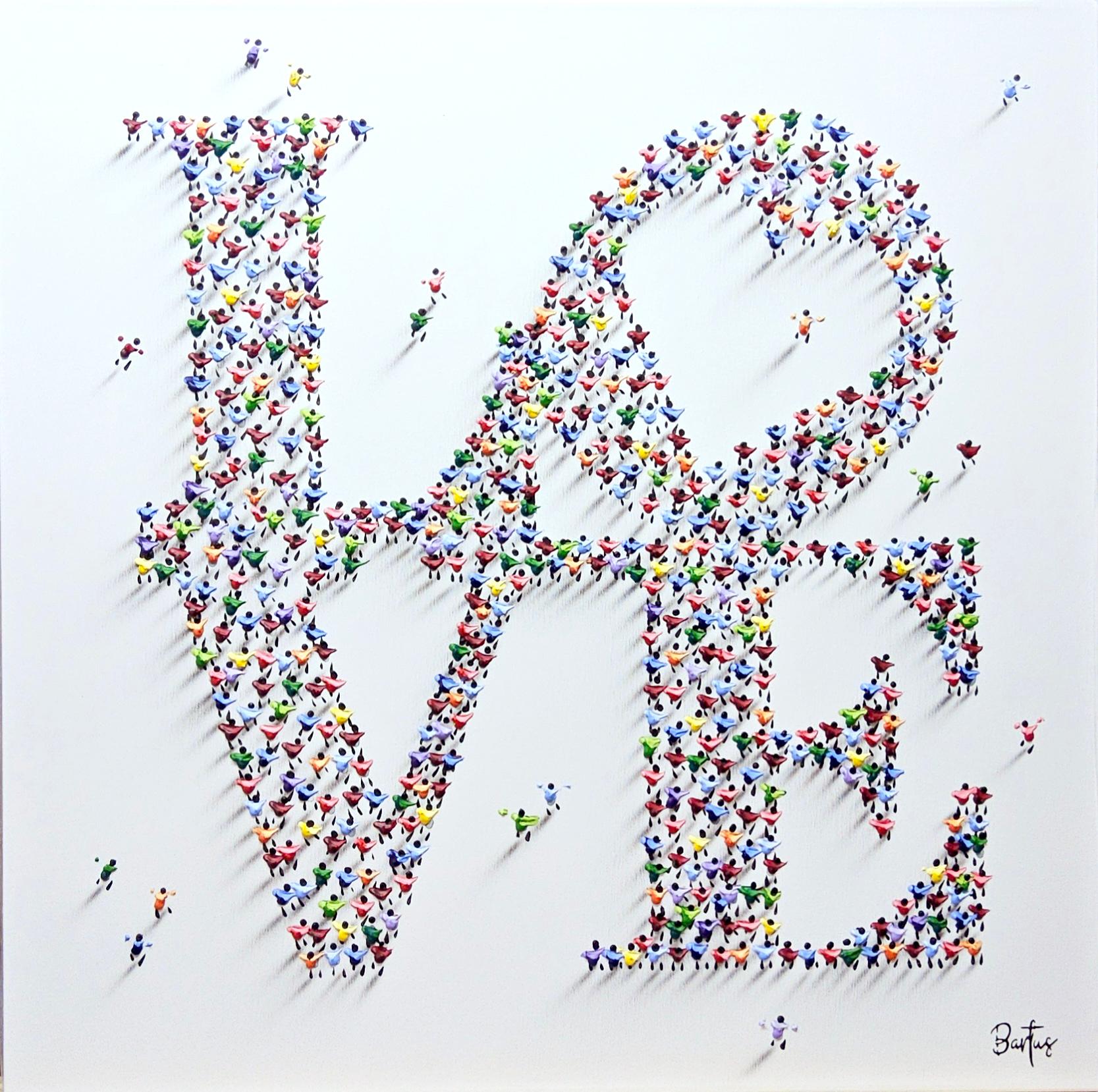 This piece, "Loving Heart", 32 x 32 mixed media painting on canvas by artist Francisco Bartus. Featured is the word LOVE, stacked as a square, made up of individual helpings of paint, strategically placed and formed to create the impression of tiny