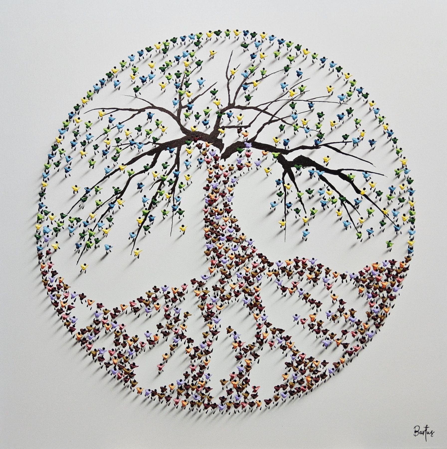 This piece, "New Growth", is a 40x40 mixed media painting on canvas by artist Francisco Bartus. Featured is a tree of life symbol, made up of individual helpings of paint, strategically placed and formed to create the impression of tiny