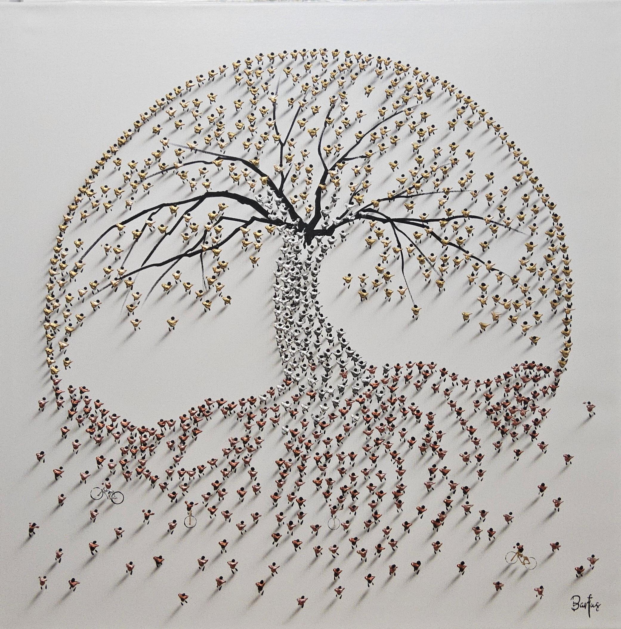 This piece, "Tree of Life", is a 40x40 mixed media painting on canvas by artist Francisco Bartus. Featured is a tree of life symbol, made up of individual helpings of paint, strategically placed and formed to create the impression of tiny metallic