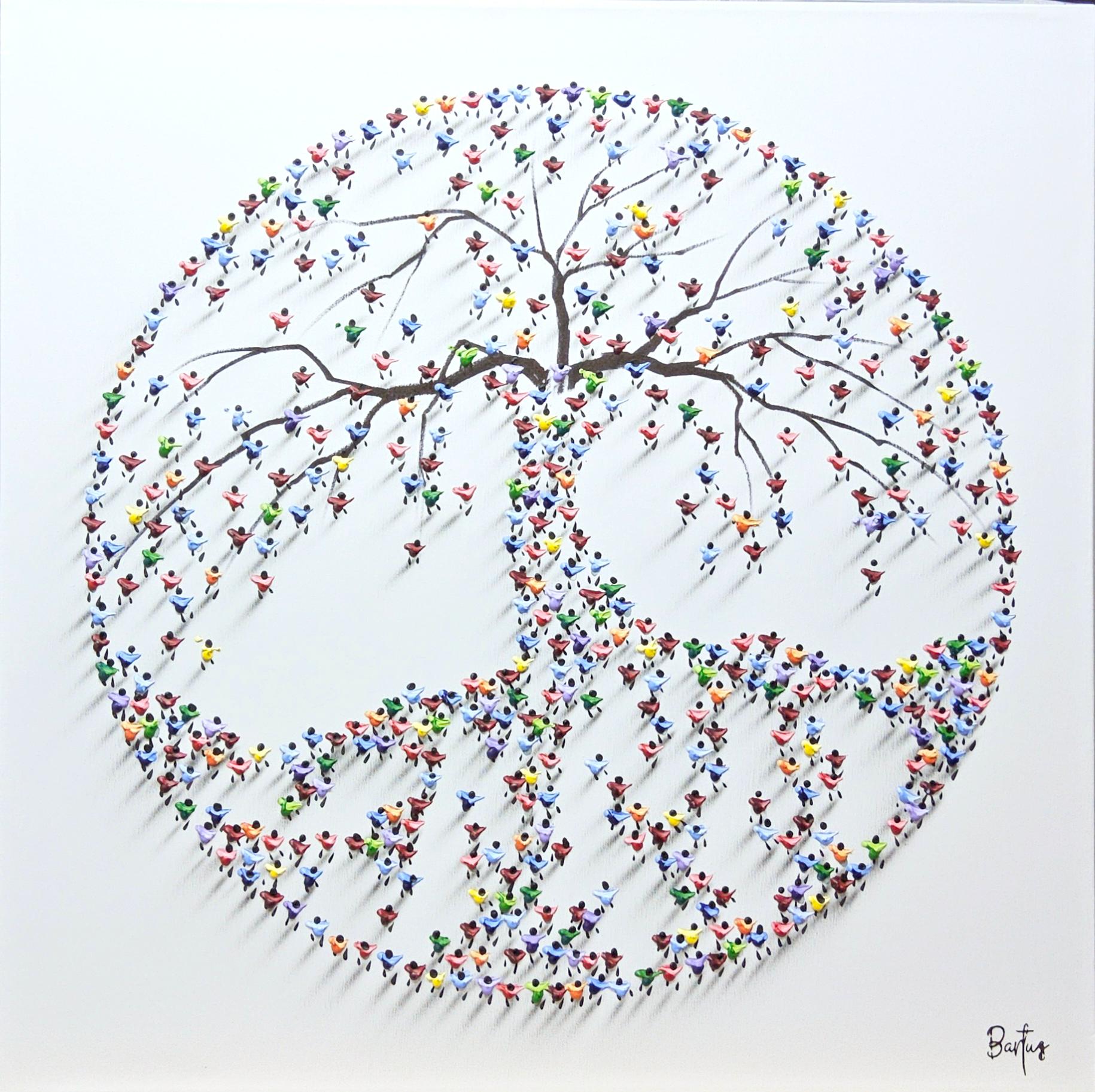 Dieses Werk, "We Grow Stronger Together", ist ein 32x32 Gemälde auf Leinwand des Künstlers Francisco Bartus. Es handelt sich um ein Lebensbaumsymbol, das aus einzelnen Farbklecksen besteht, die strategisch so platziert und geformt sind, dass der