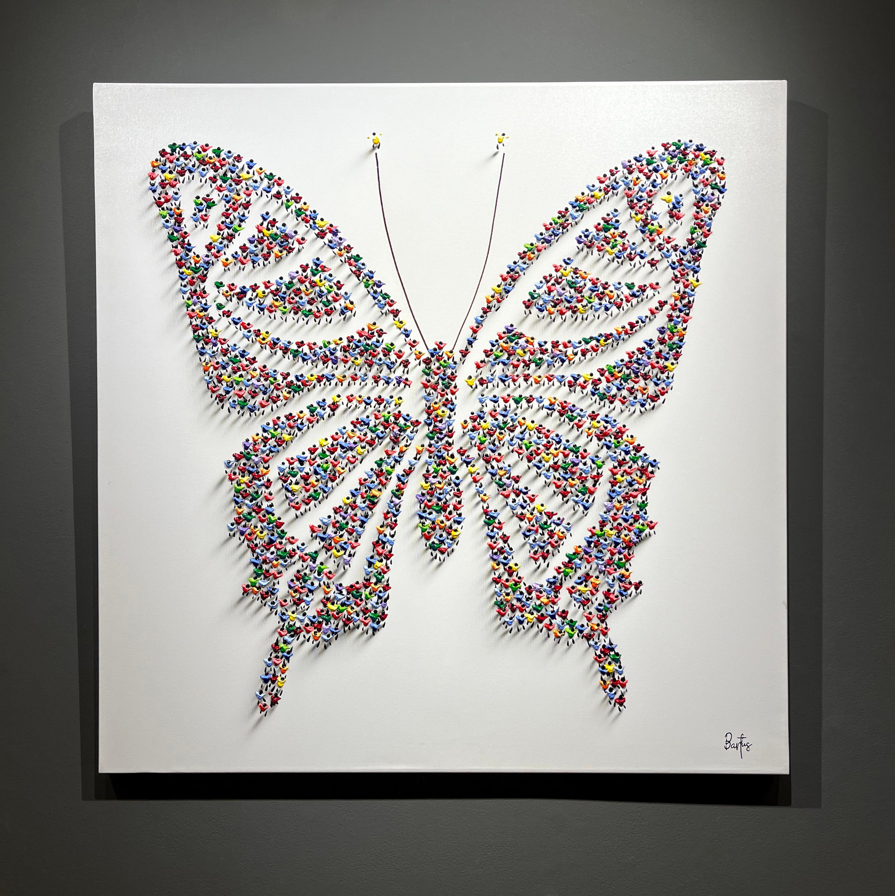 Francisco Bartus, „Wings“, 40x40, Gemälde in Mischtechnik mit strukturiertem Schmetterling im Angebot 1