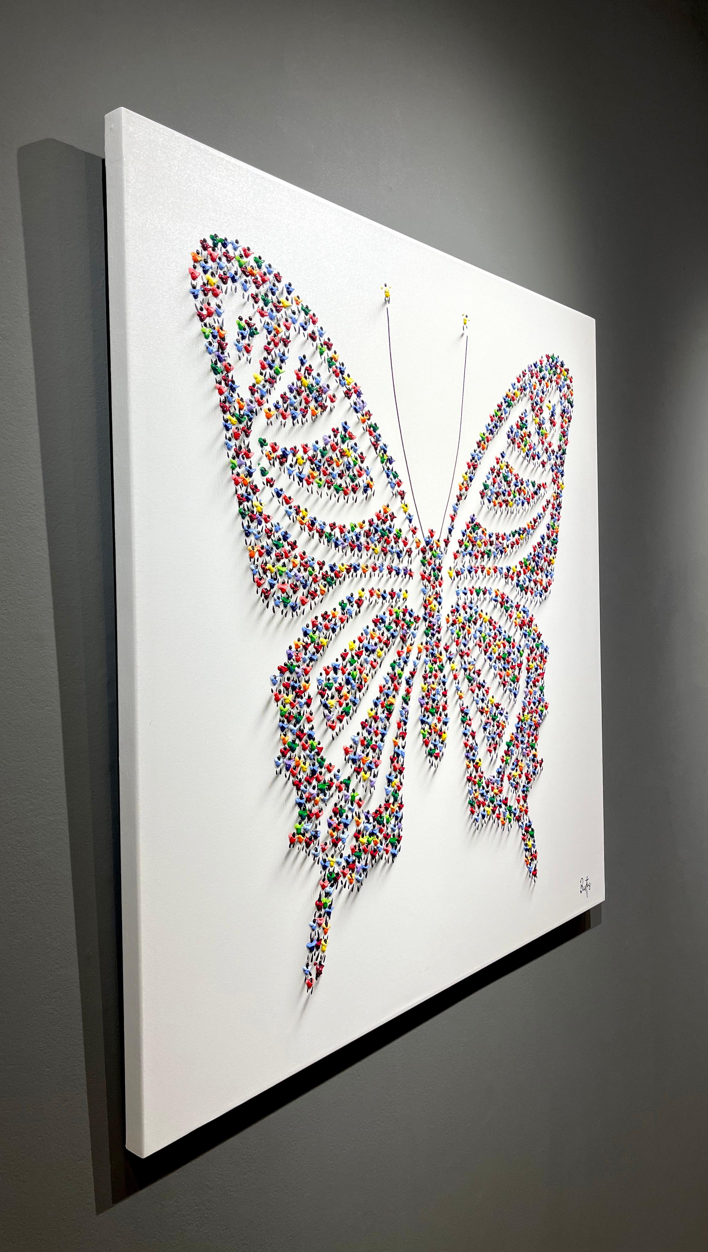 Francisco Bartus, „Wings“, 40x40, Gemälde in Mischtechnik mit strukturiertem Schmetterling im Angebot 2