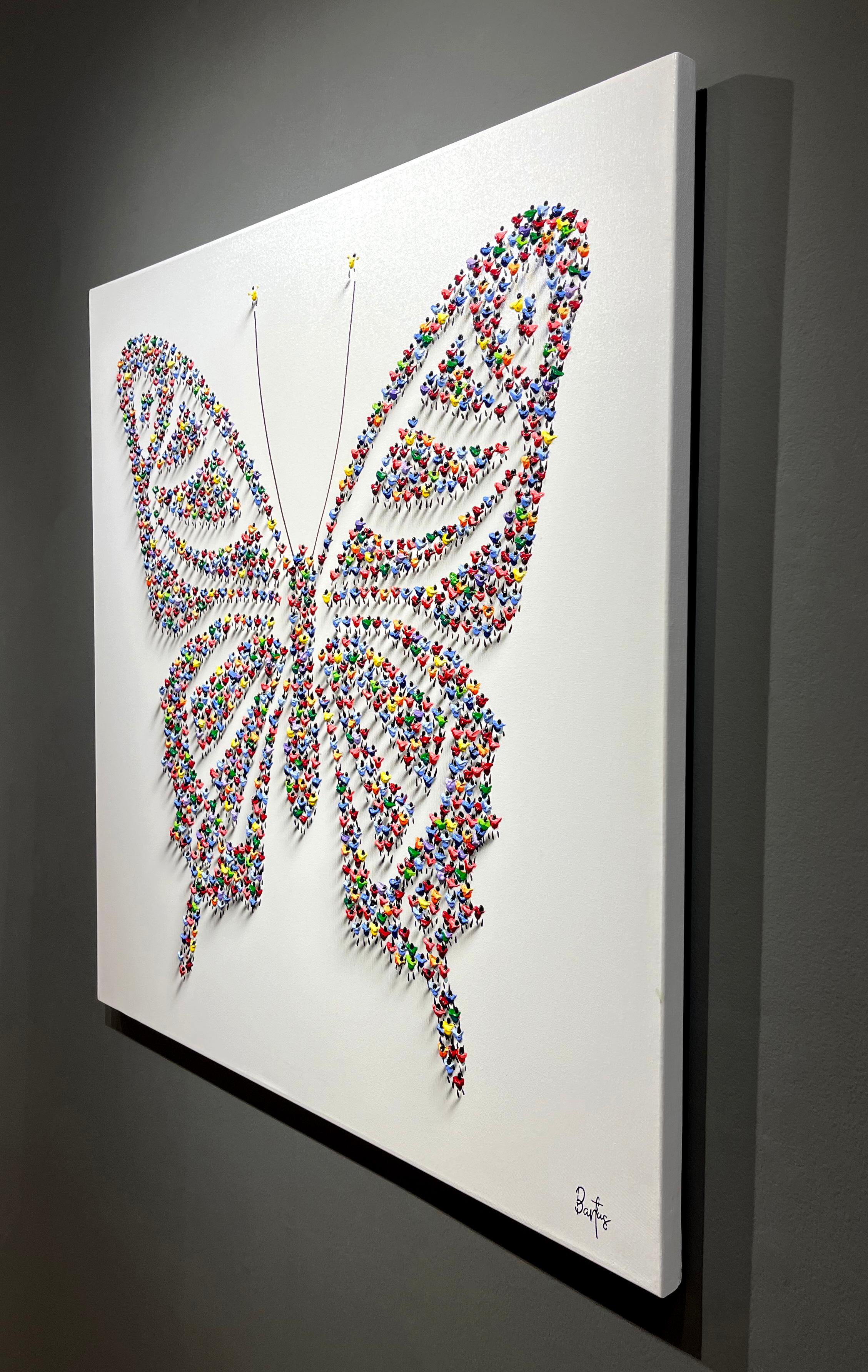 Francisco Bartus, „Wings“, 40x40, Gemälde in Mischtechnik mit strukturiertem Schmetterling im Angebot 3